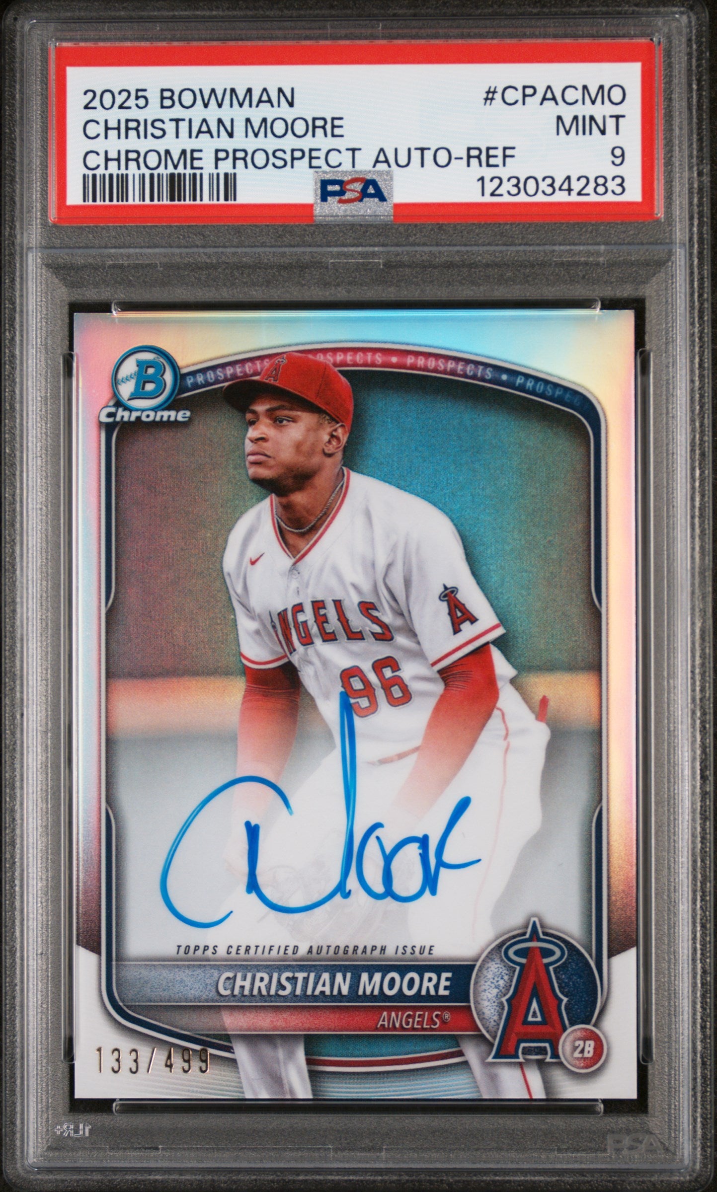 2025 Bowman Chrome Prospect Autograph Refractor Christian Moore #CPACMO /499 PSA 9