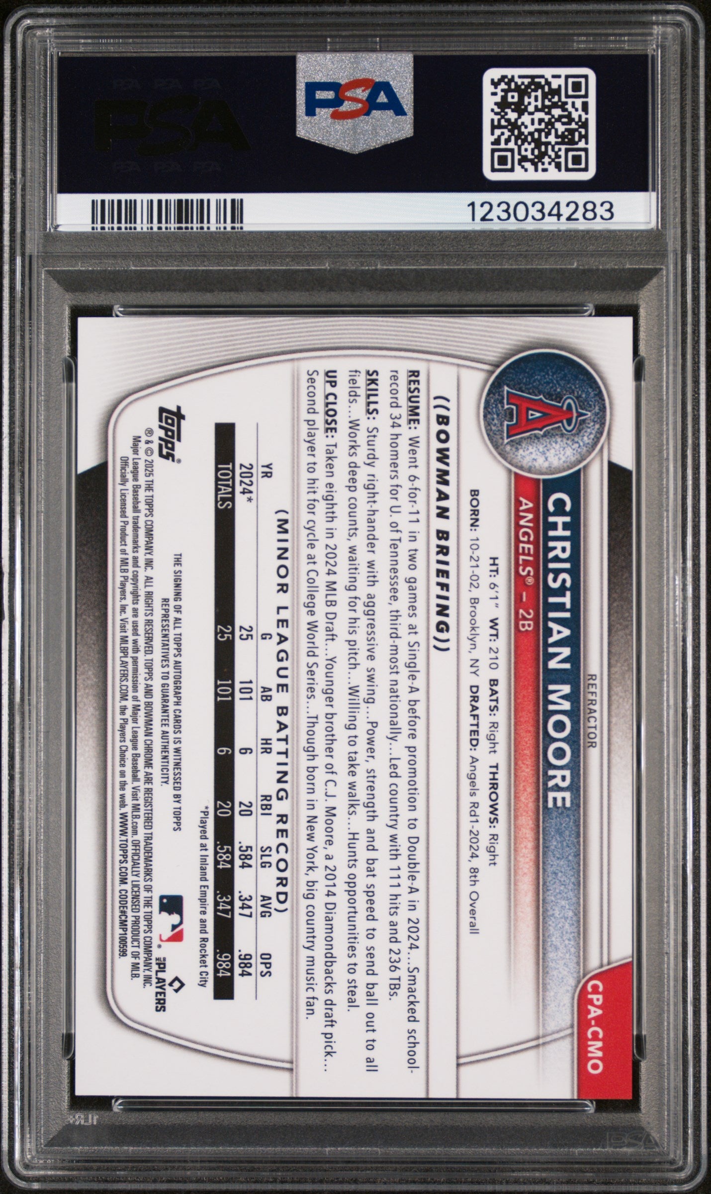 2025 Bowman Chrome Prospect Autograph Refractor Christian Moore #CPACMO /499 PSA 9