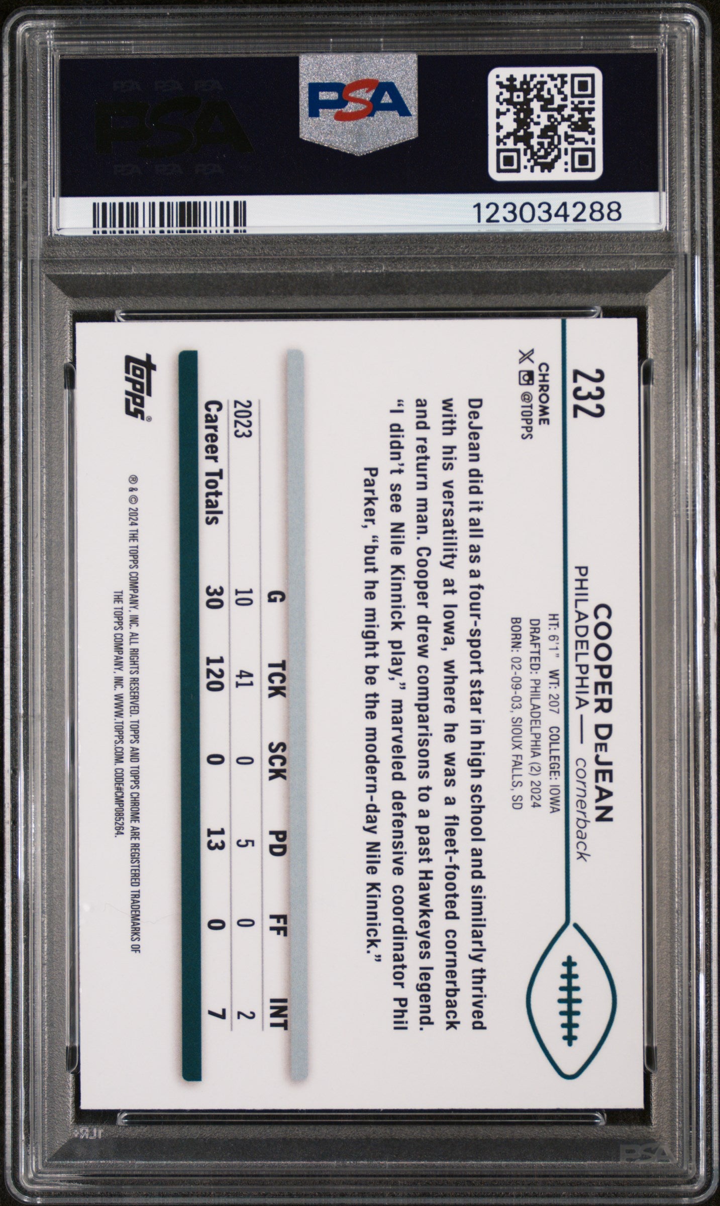 2024 Topps Chrome Purple Speckle Cooper Dejean #232 /149 PSA 9