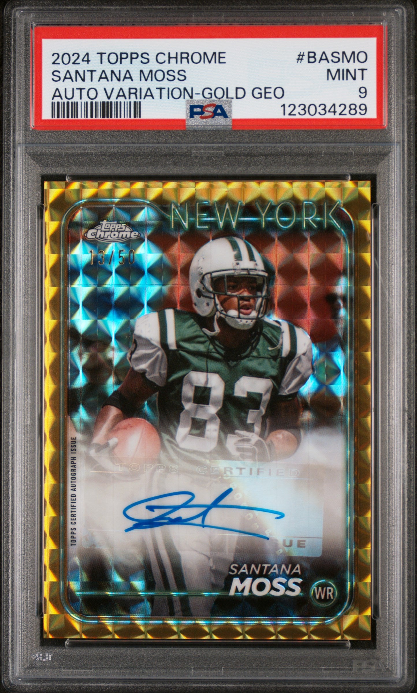 2024 Topps Chrome Base Autographs Variations Gold Geometric Santana Moss #BASMO /50 PSA 9