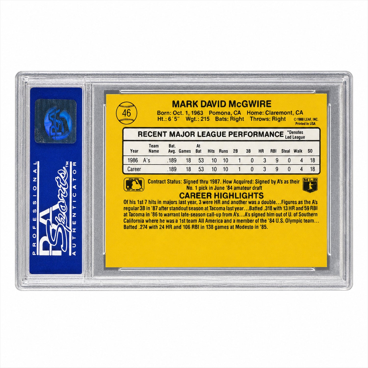 1987 Donruss Rated Rookie Mark Mcgwire #46 PSA 9