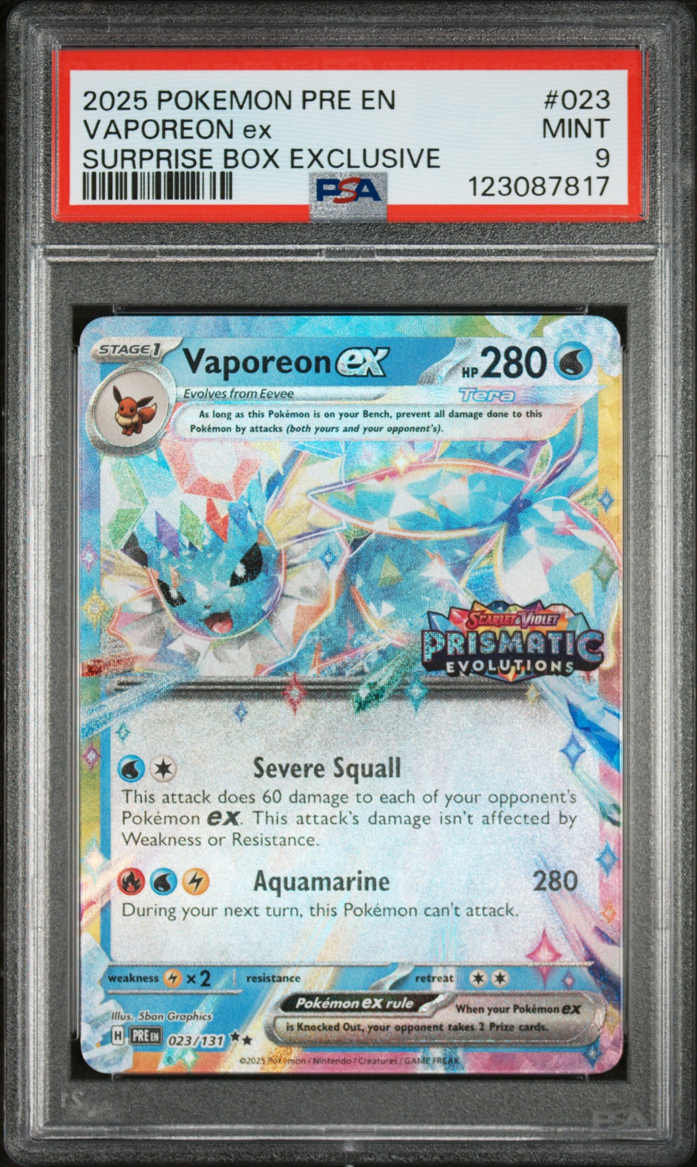 2025 Pokemon Prismatic Evolutions Promo Surprise Box Exclusive Vaporeon Ex #23 PSA 9