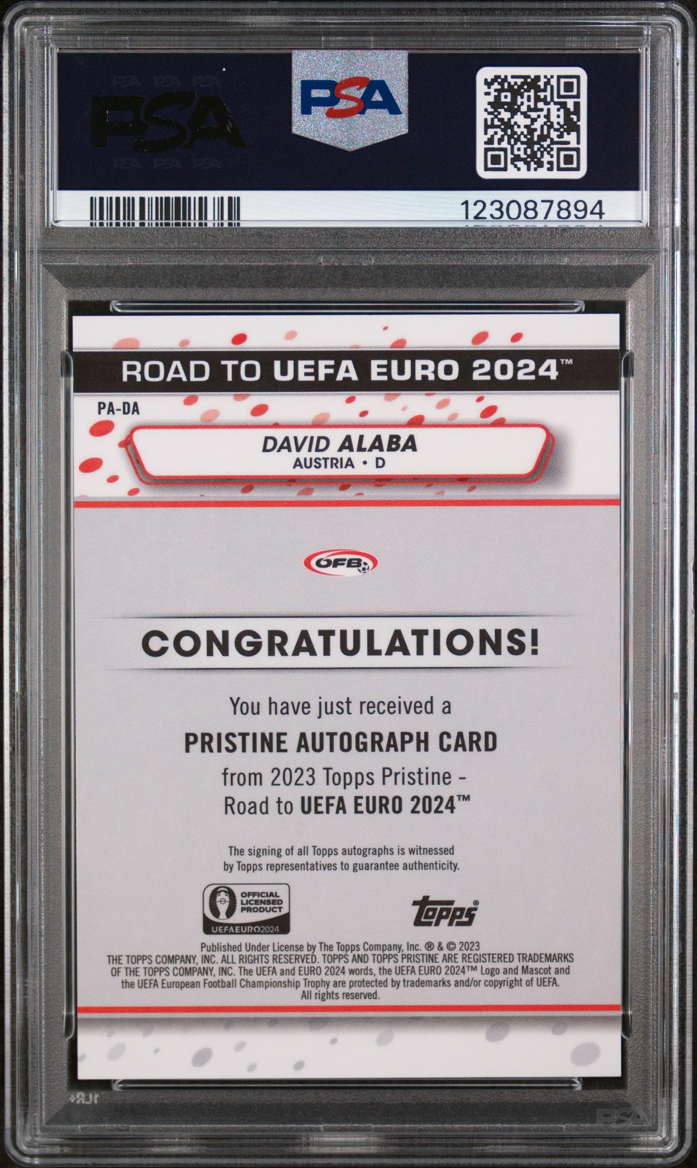 2023 Topps Pristine Road To UEFA Euro 2024 Pristine Autographs David Alaba #PADA PSA 10