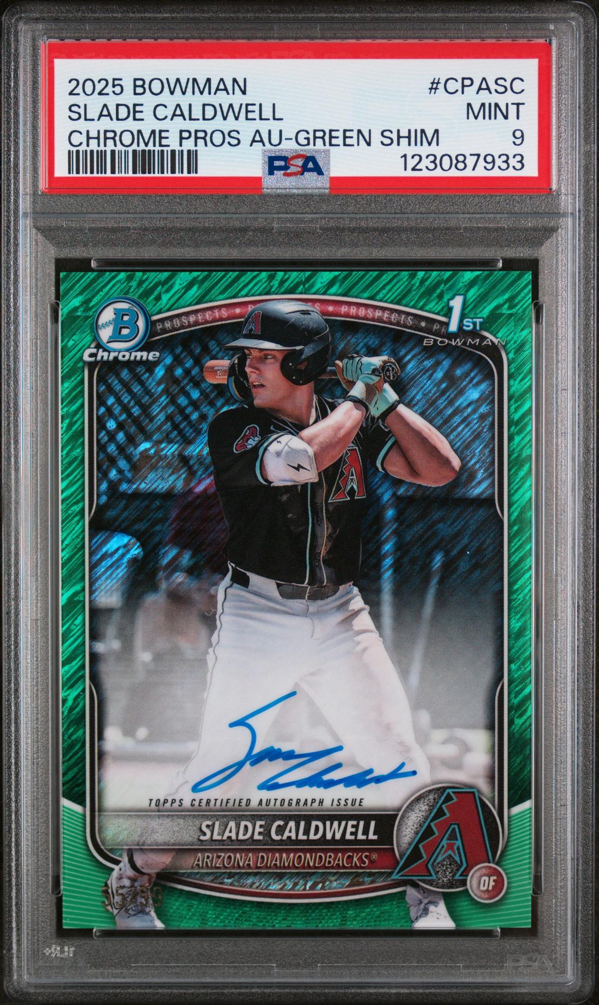 2025 Bowman Chrome Prospect Autograph Green Shimmer Refractor Slade Caldwell #CPASC PSA 9