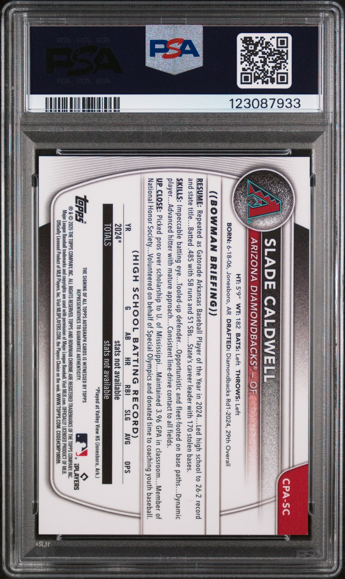 2025 Bowman Chrome Prospect Autograph Green Shimmer Refractor Slade Caldwell #CPASC PSA 9