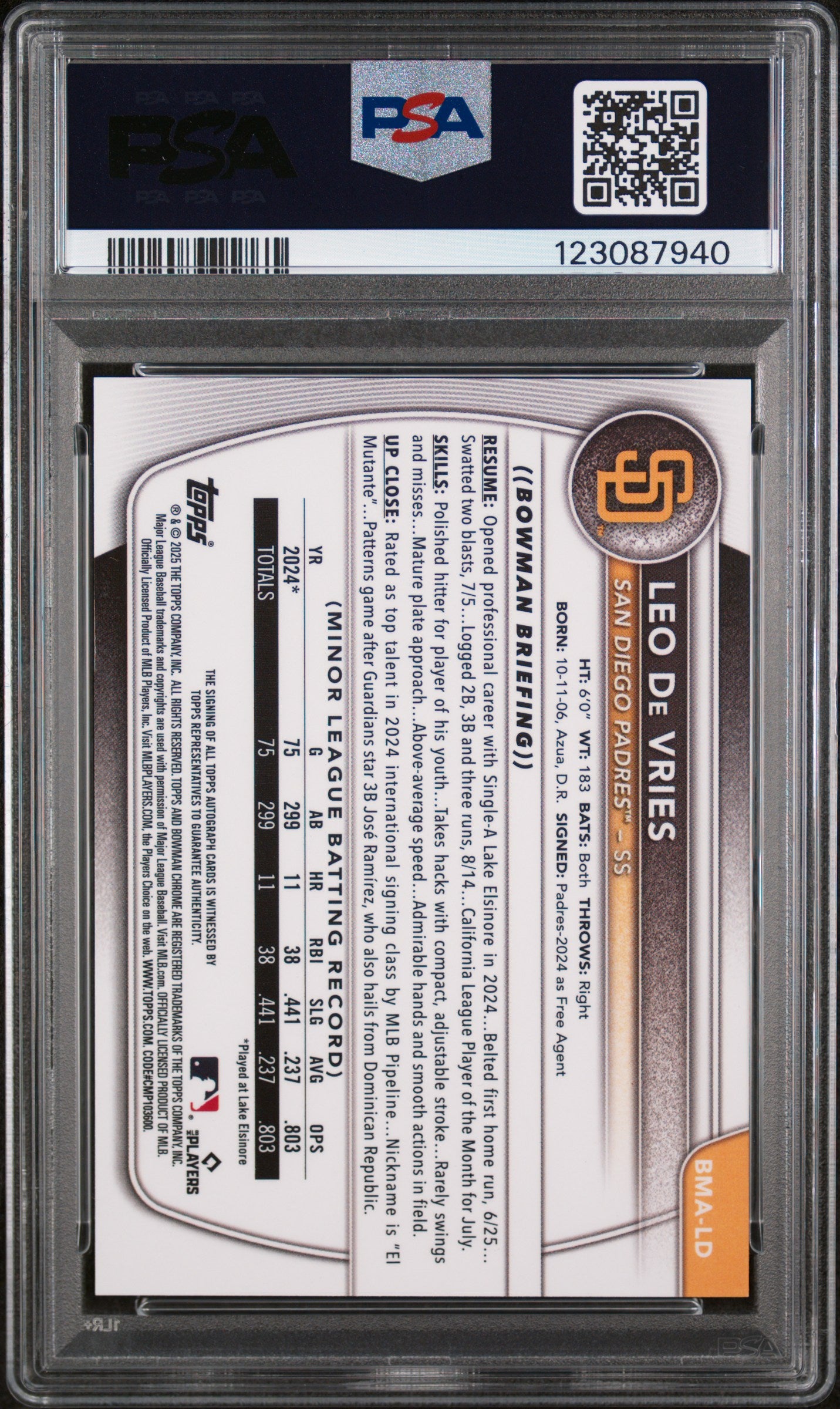 2025 Bowman Mega Box Bowman Prospect Mega Autographs Green Refractor Leo De Vries #LD /99 PSA 8