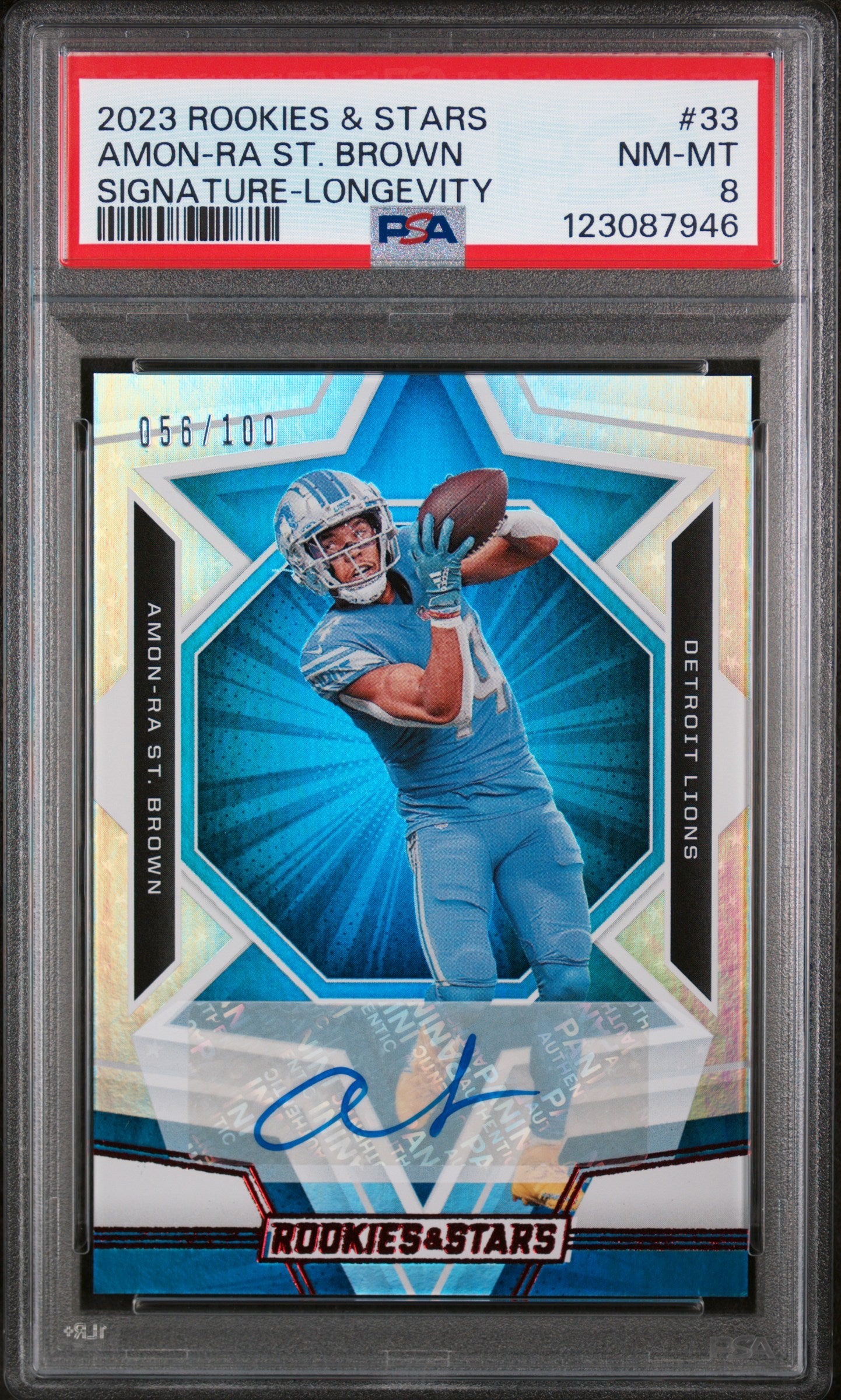 2023 Panini Rookies & Stars Autograph-Longevity Amon-Ra St. Brown #33 /100 PSA 8