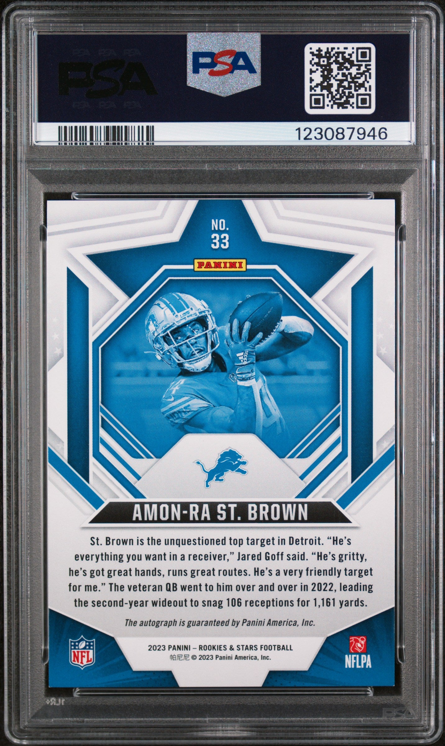 2023 Panini Rookies & Stars Autograph-Longevity Amon-Ra St. Brown #33 /100 PSA 8
