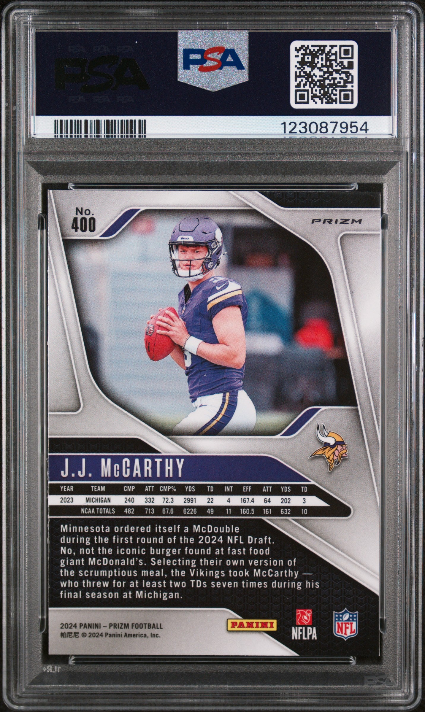 2024 Prizm Prizms Orange Ice JJ Mccarthy #400 PSA 8