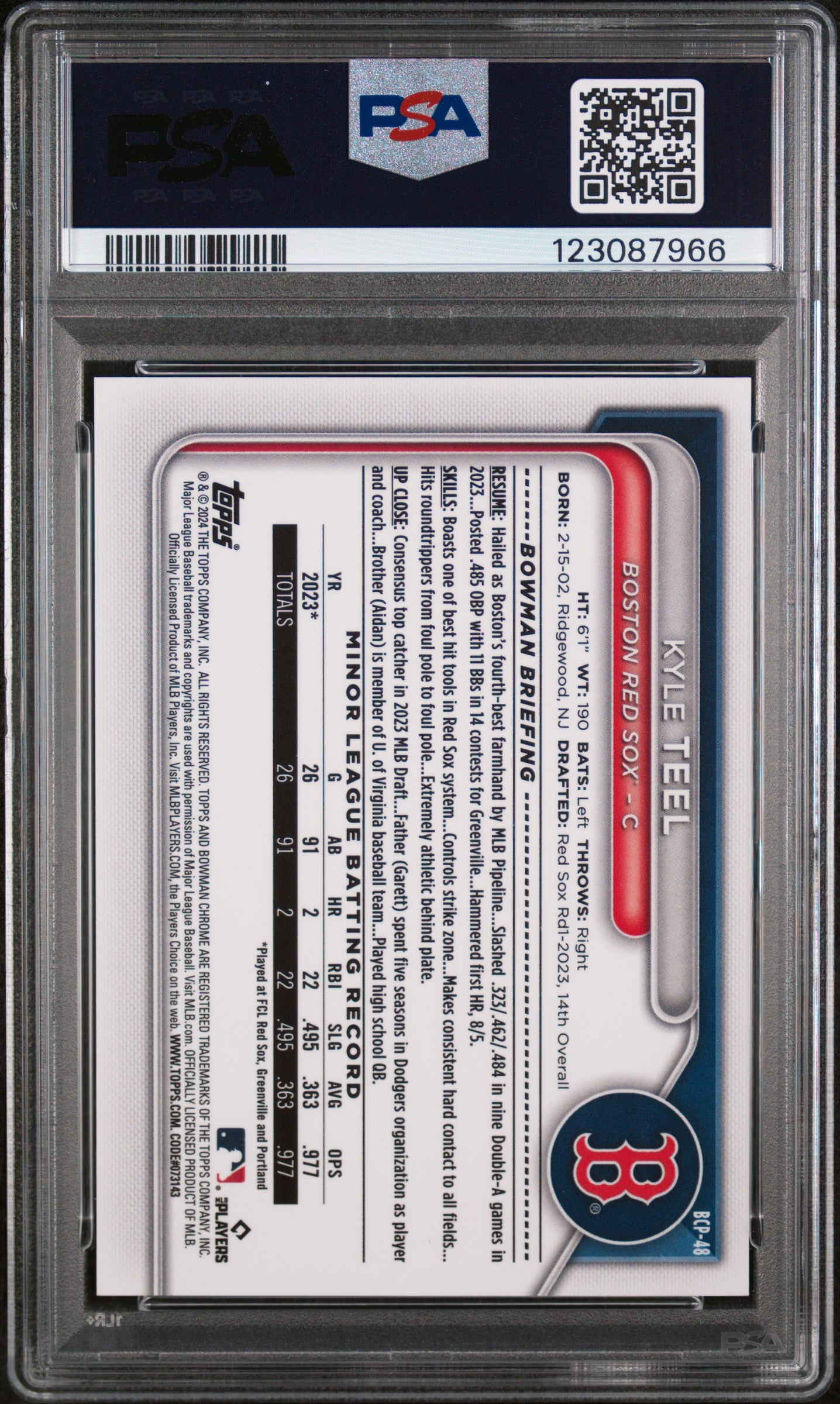 2024 Bowman Chrome Prospects Chr Prospects-Rose Gold Ref Kyle Teel #BCP48 PSA 10