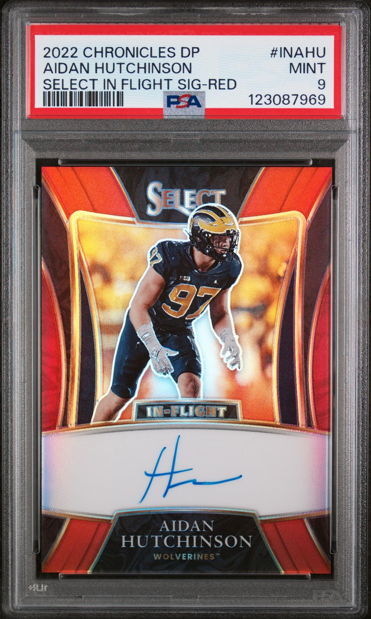 2022 Panini Chronicles Draft Picks Select In Flight Signatures Red Aidan Hutchinson #INAHU /25 PSA 9