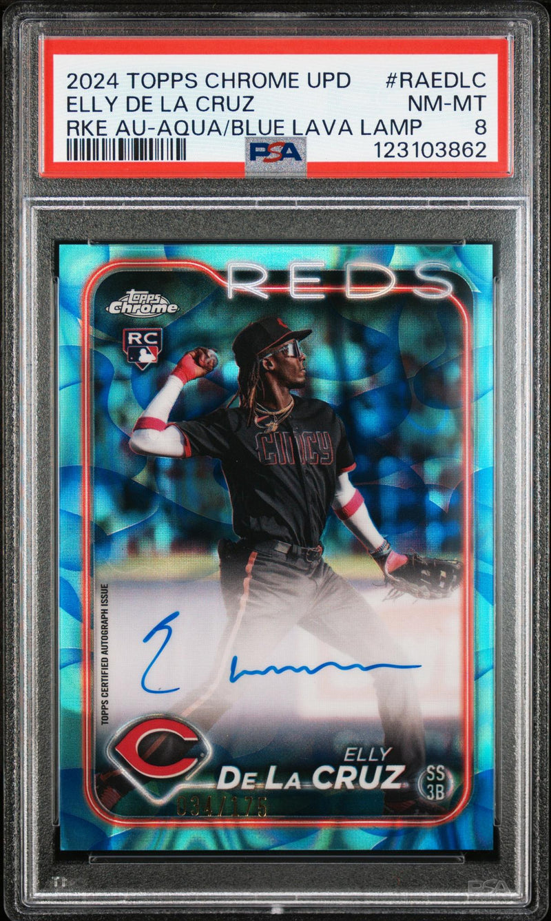 2024 Chrome Update Rookie Autographs Aqua Blue Lava Lamp Refractors Elly De La Cruz #RAEDLC /175 PSA 8
