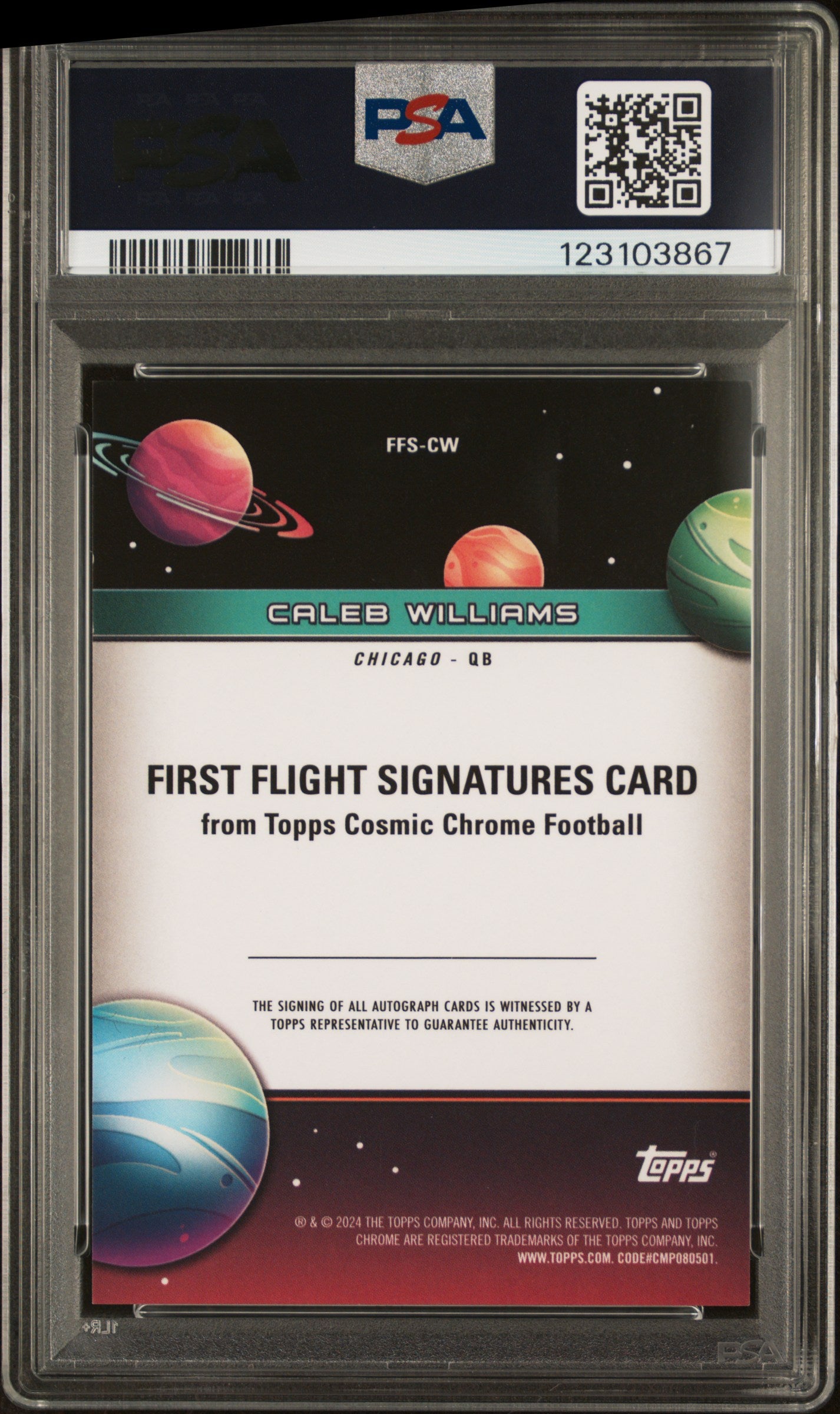 2024 Cosmic Chrome #CW Caleb Williams First Flight Sig-Black Eclipse 10/10 PSA 9