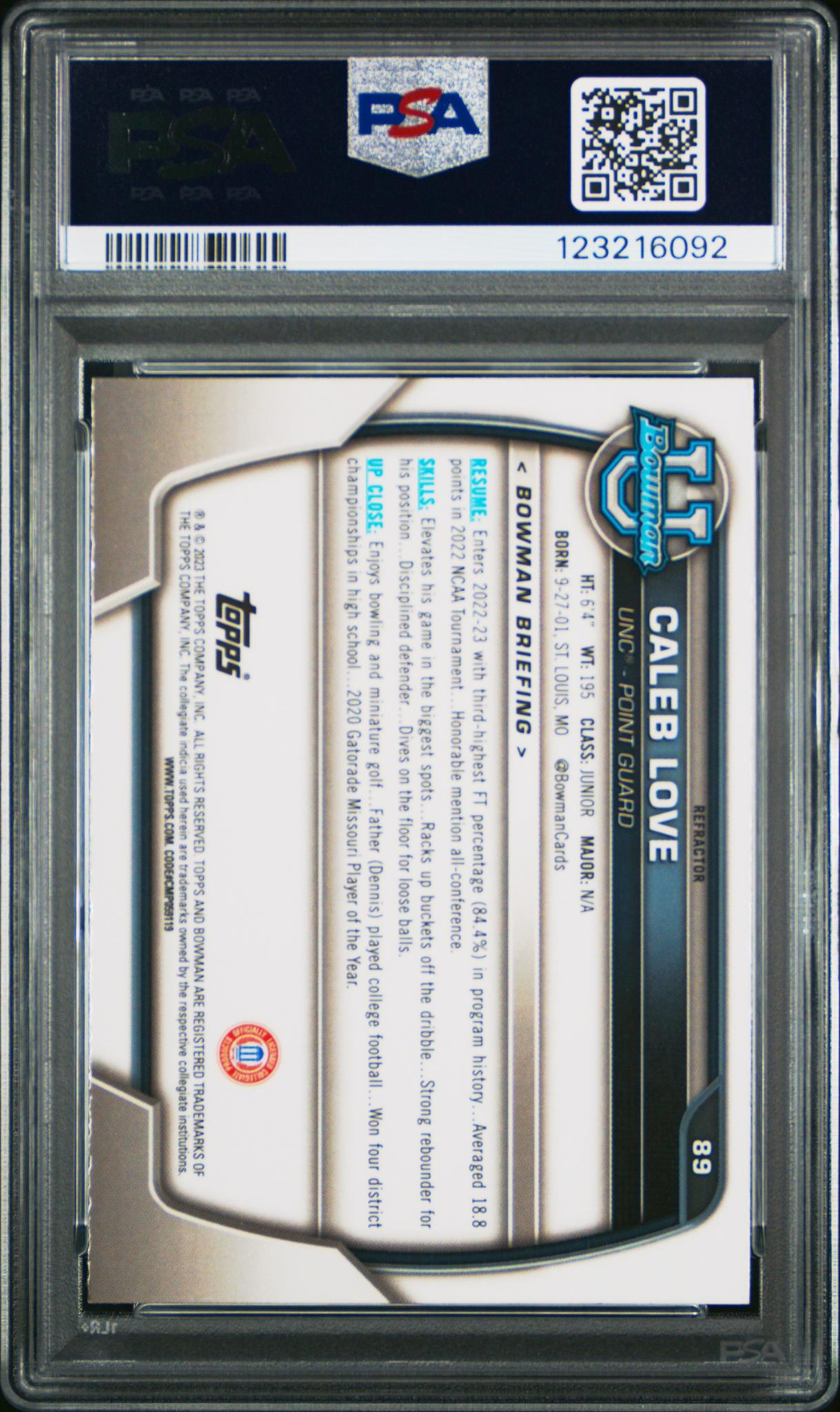 2022 Bowman Chrome University Refractor Caleb Love #89 PSA 10