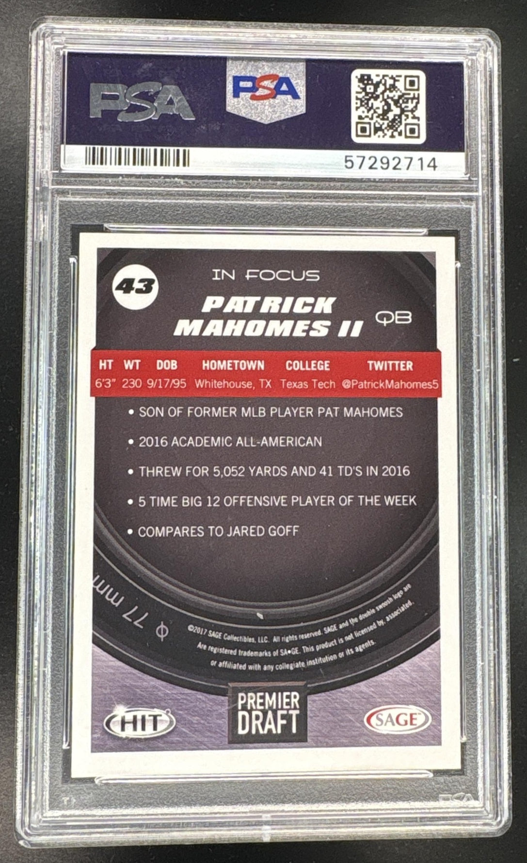 2017 Sage Hit Premier Draft Patrick Mahomes II #43 PSA 9