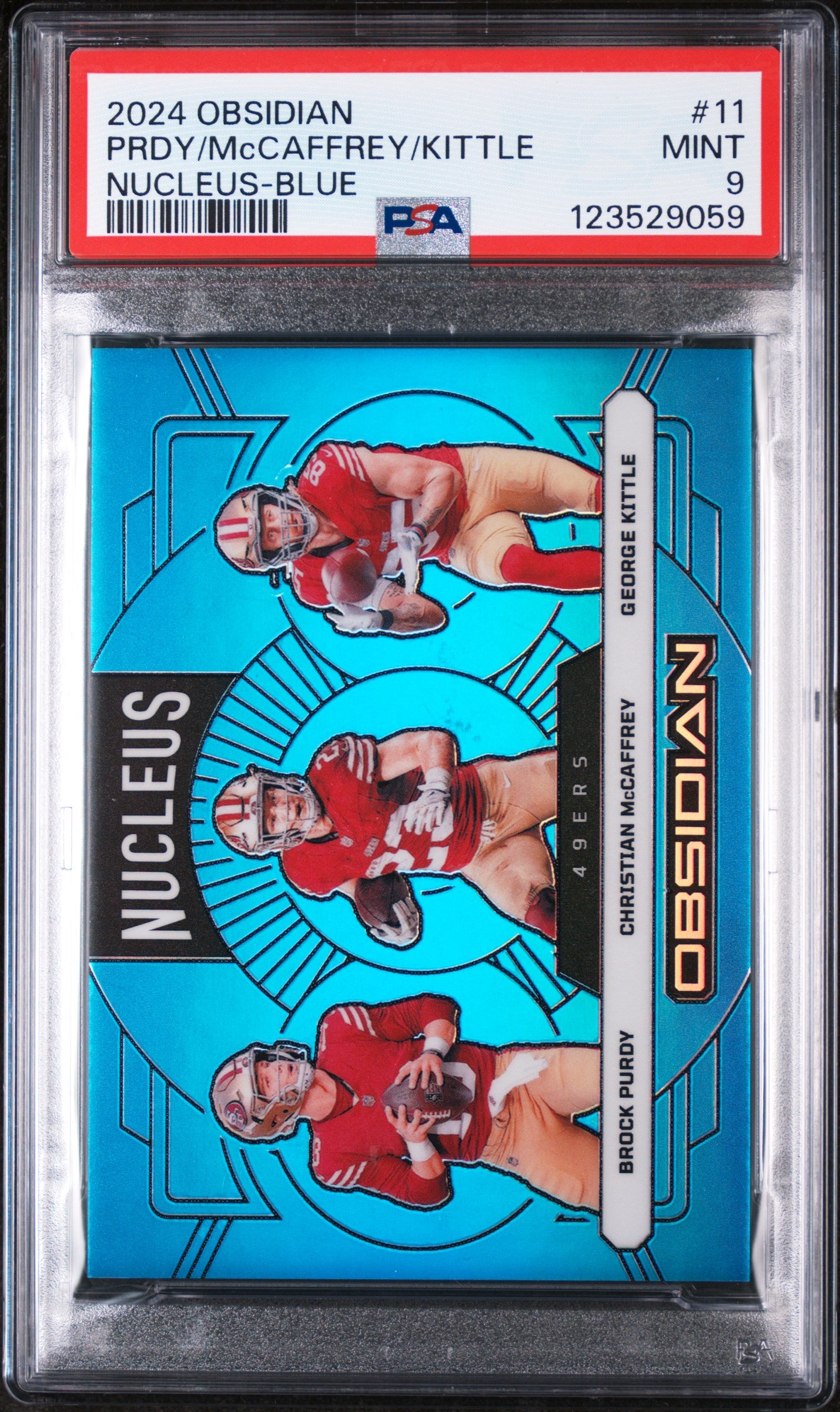 2024 Panini Obsidian Nucleus Blue Brock Purdy/Christian Mccaffrey/George Kittle #11 /25 PSA 9