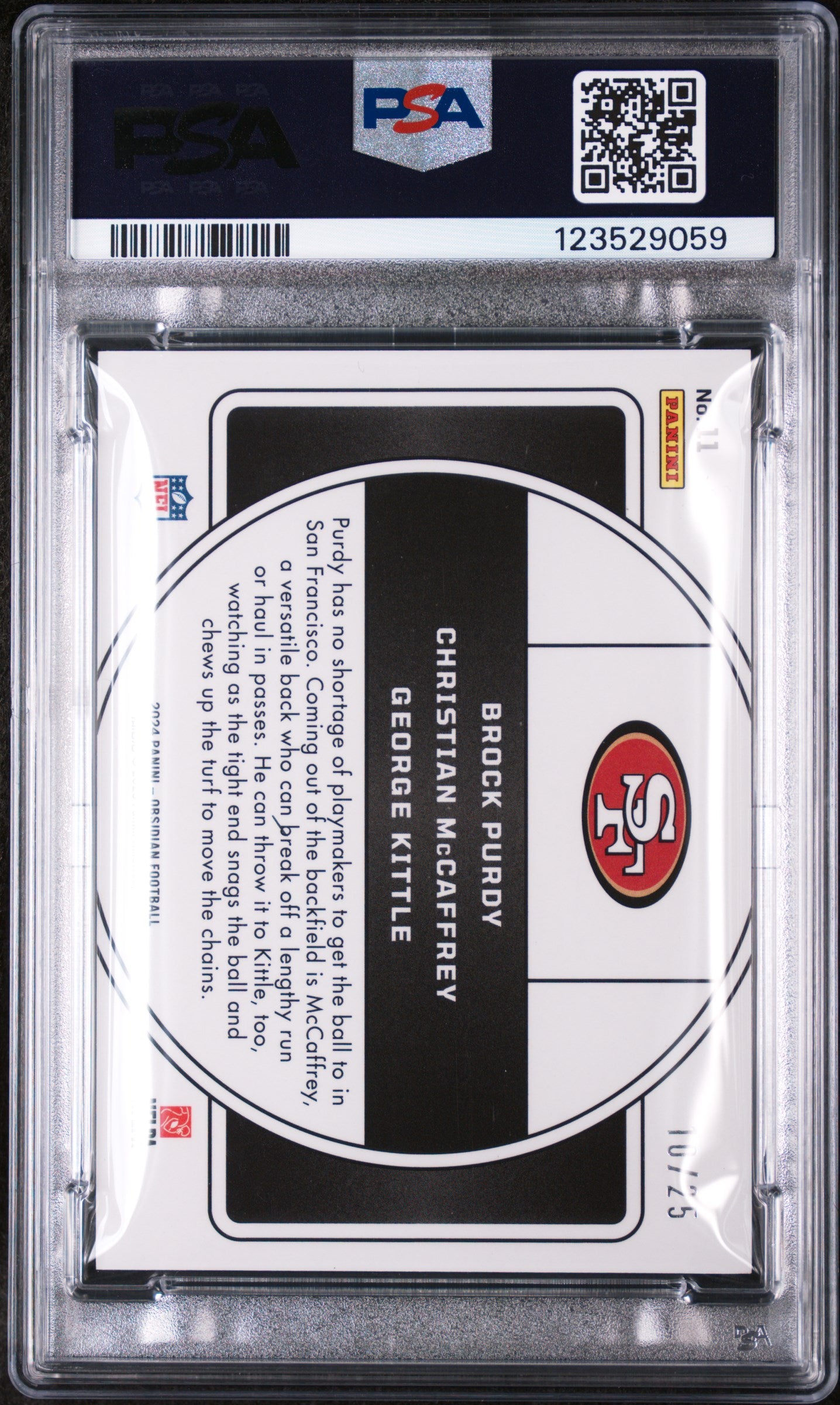 2024 Panini Obsidian Nucleus Blue Brock Purdy/Christian Mccaffrey/George Kittle #11 /25 PSA 9