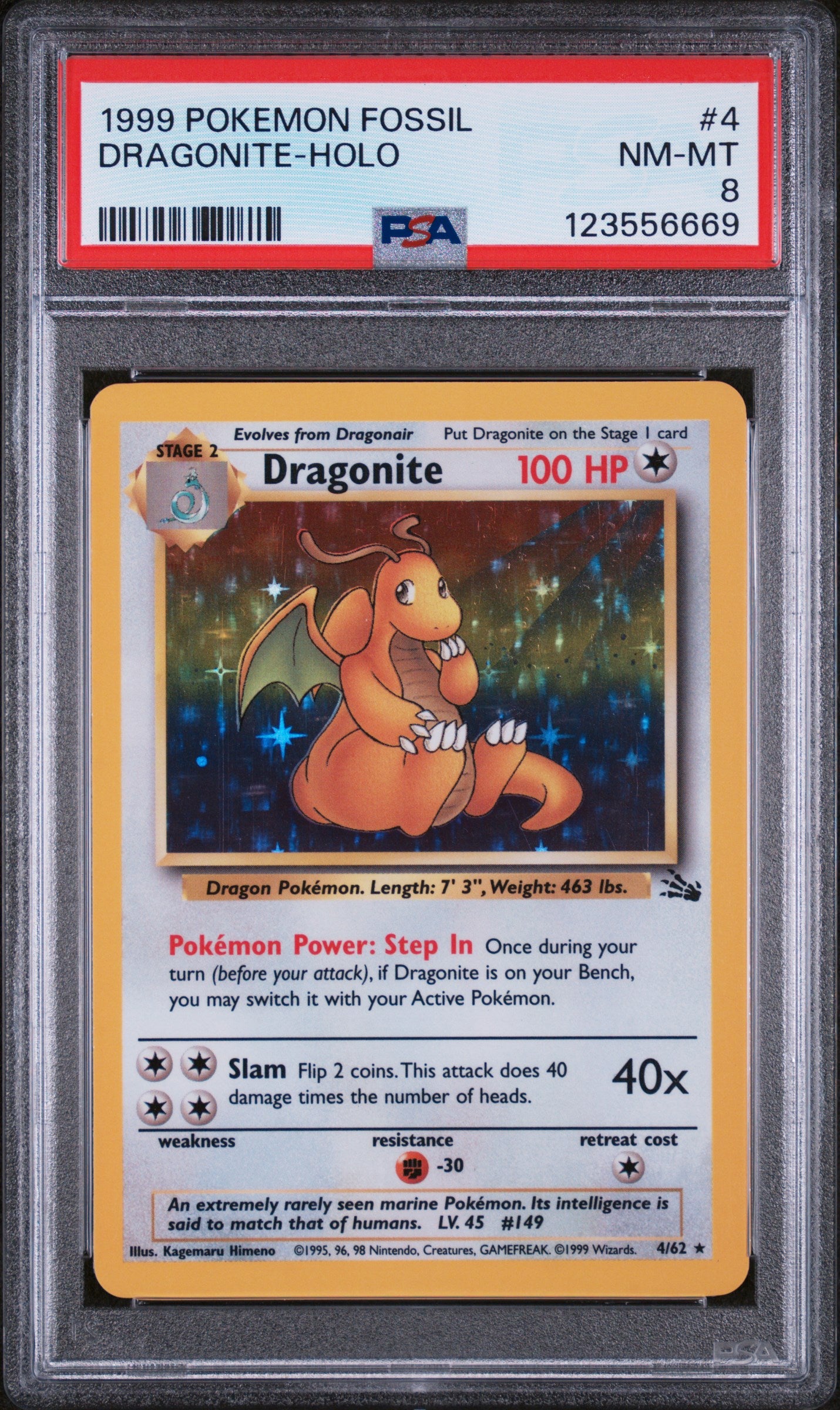 1999 Pokémon Fossil Dragonite #4/62 Holo PSA 8