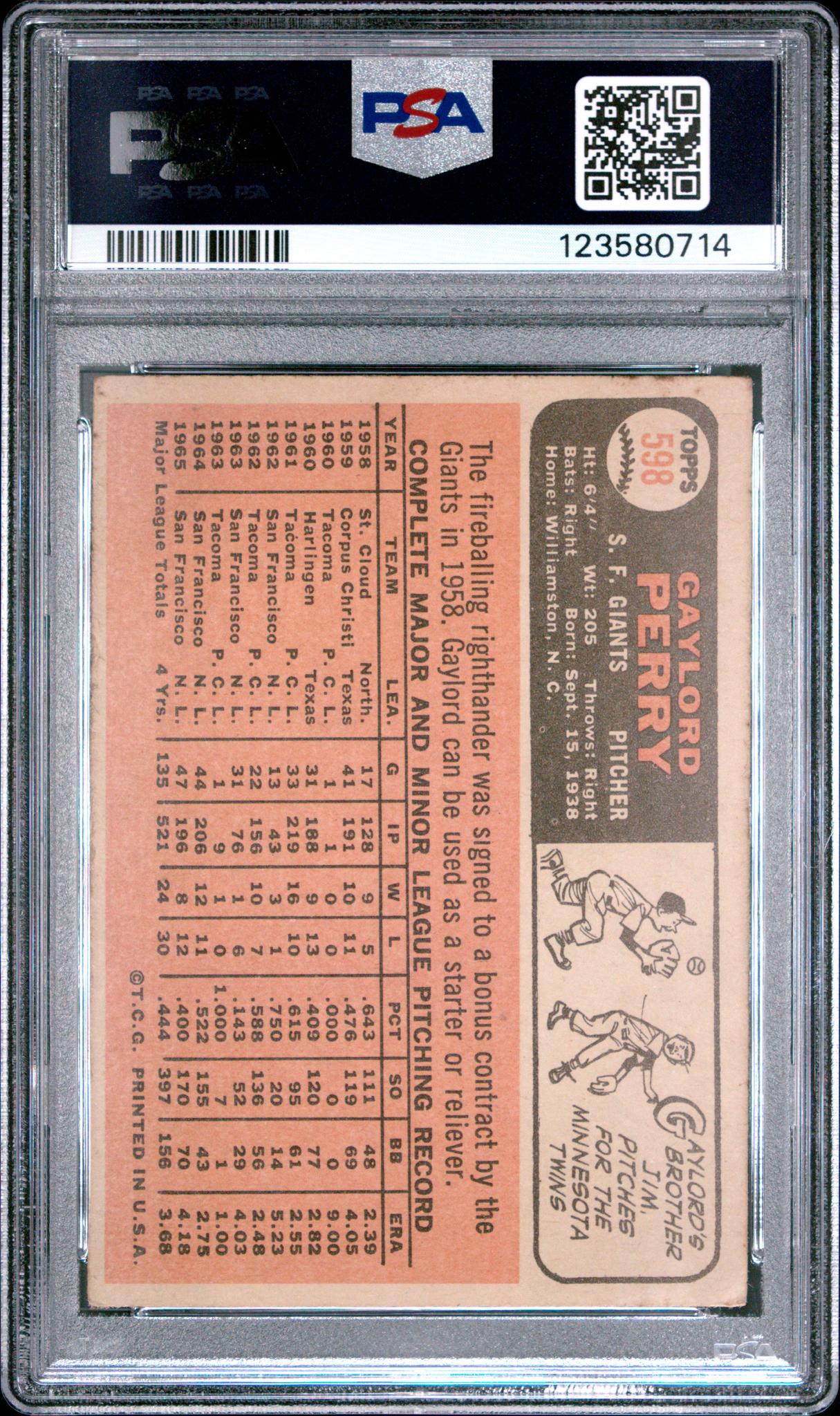 1966 Topps Gaylord Perry #598 PSA 3