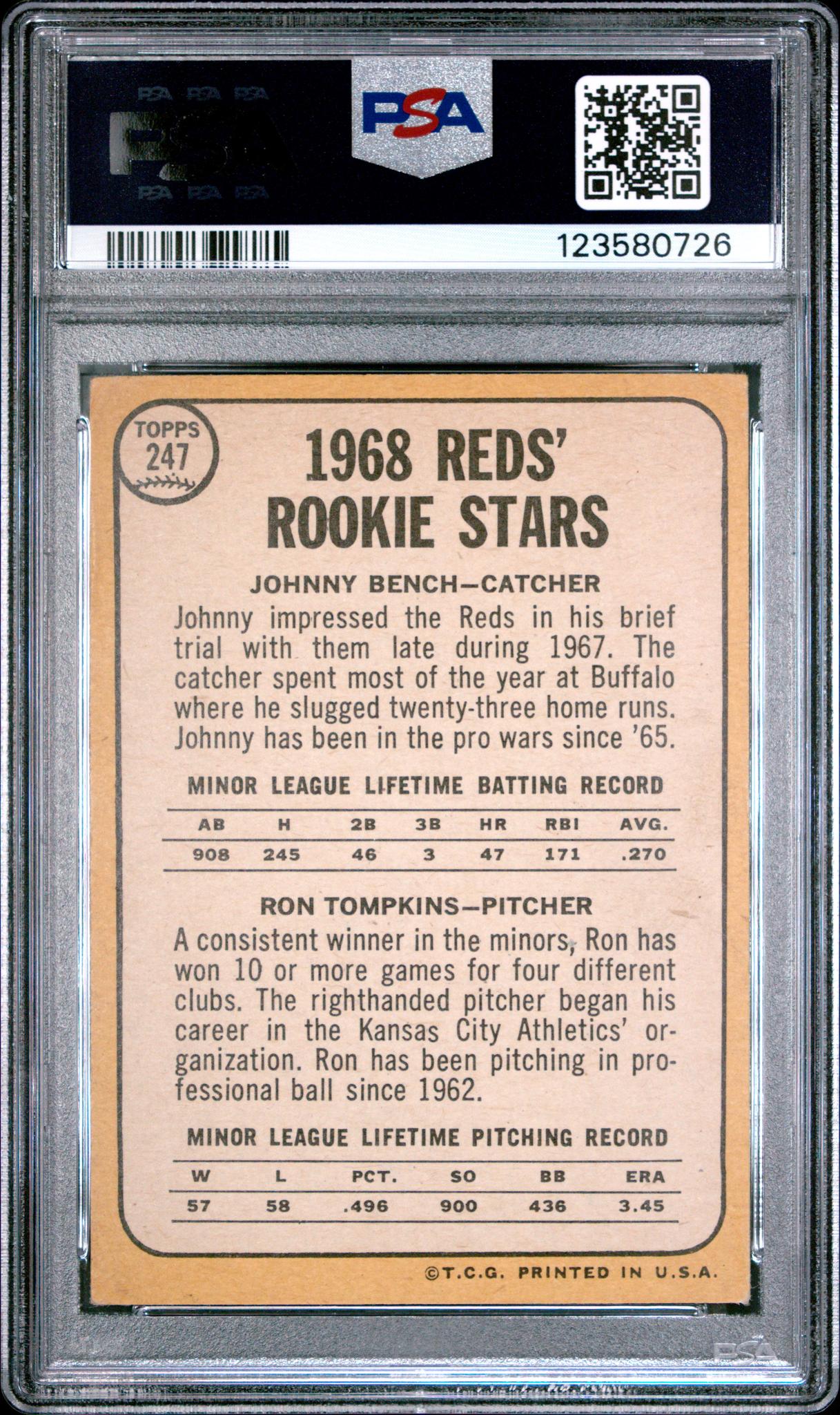 1968 Topps Reds Rookies Johnny Bench/Ron Tompkins #247 PSA 2