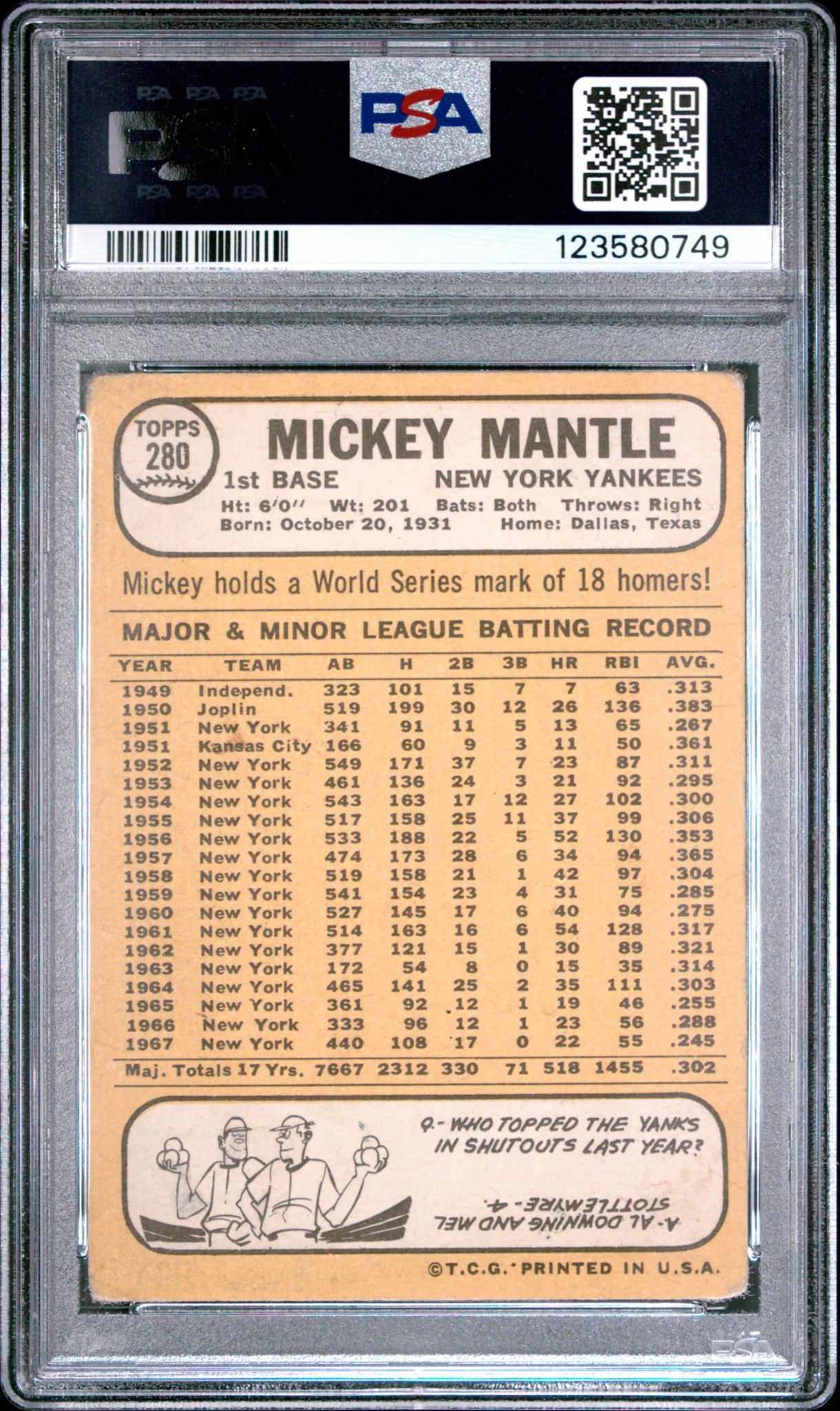 1968 Topps Mickey Mantle #280 PSA 1