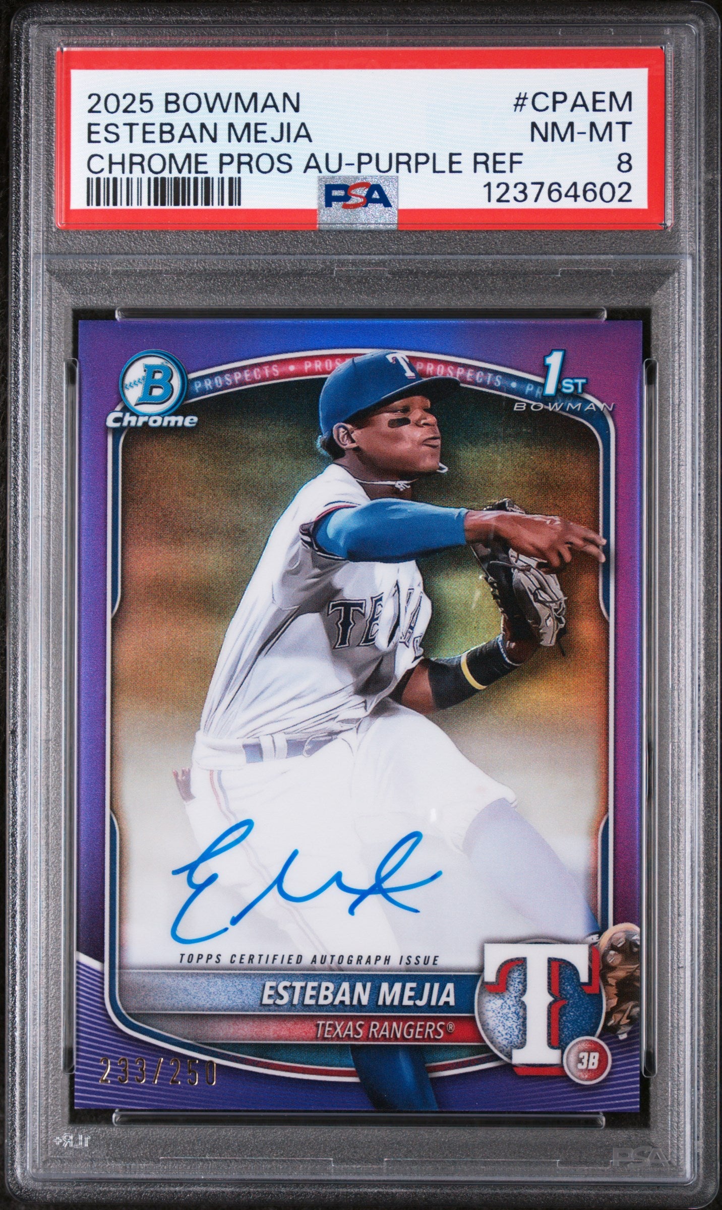 2025 Bowman Chrome Prospect Autographs Purple Refractors Esteban Mejia #CPAEM /250 PSA 8