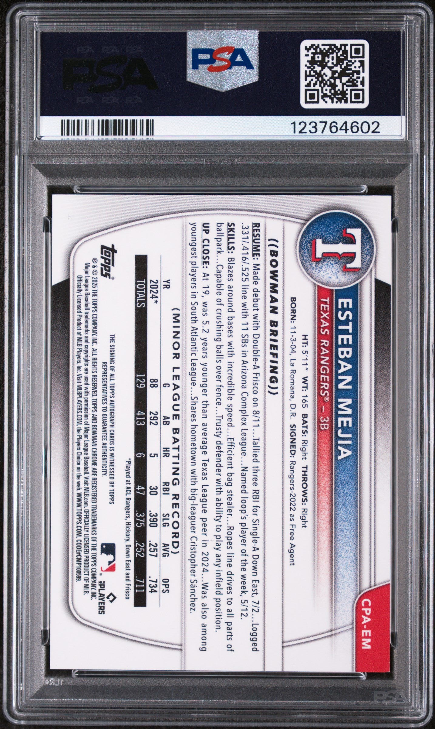 2025 Bowman Chrome Prospect Autographs Purple Refractors Esteban Mejia #CPAEM /250 PSA 8