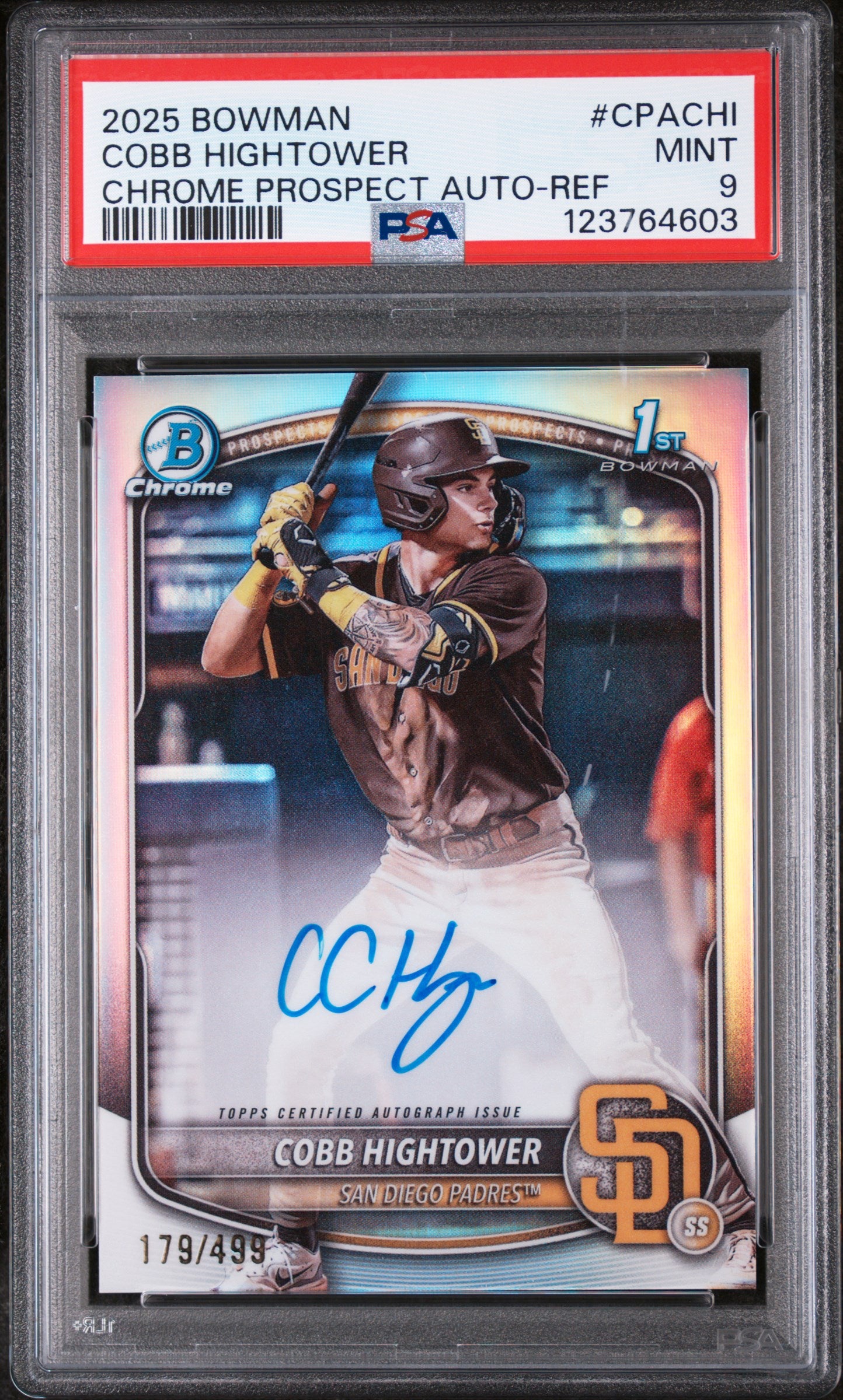 2025 Bowman Chrome Prospect Autograph Refractor Cobb Hightower #CPACHI /499 PSA 9