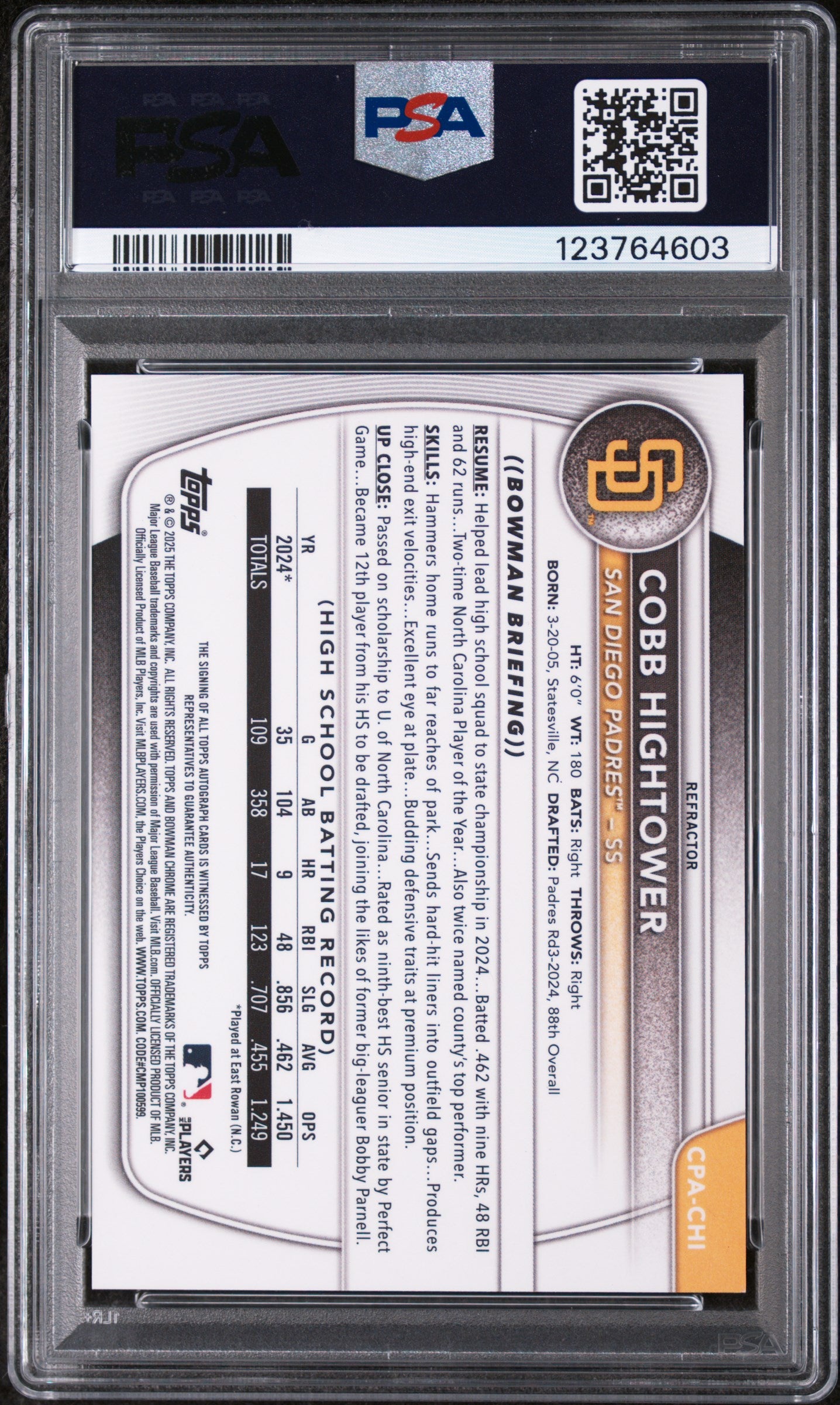 2025 Bowman Chrome Prospect Autograph Refractor Cobb Hightower #CPACHI /499 PSA 9