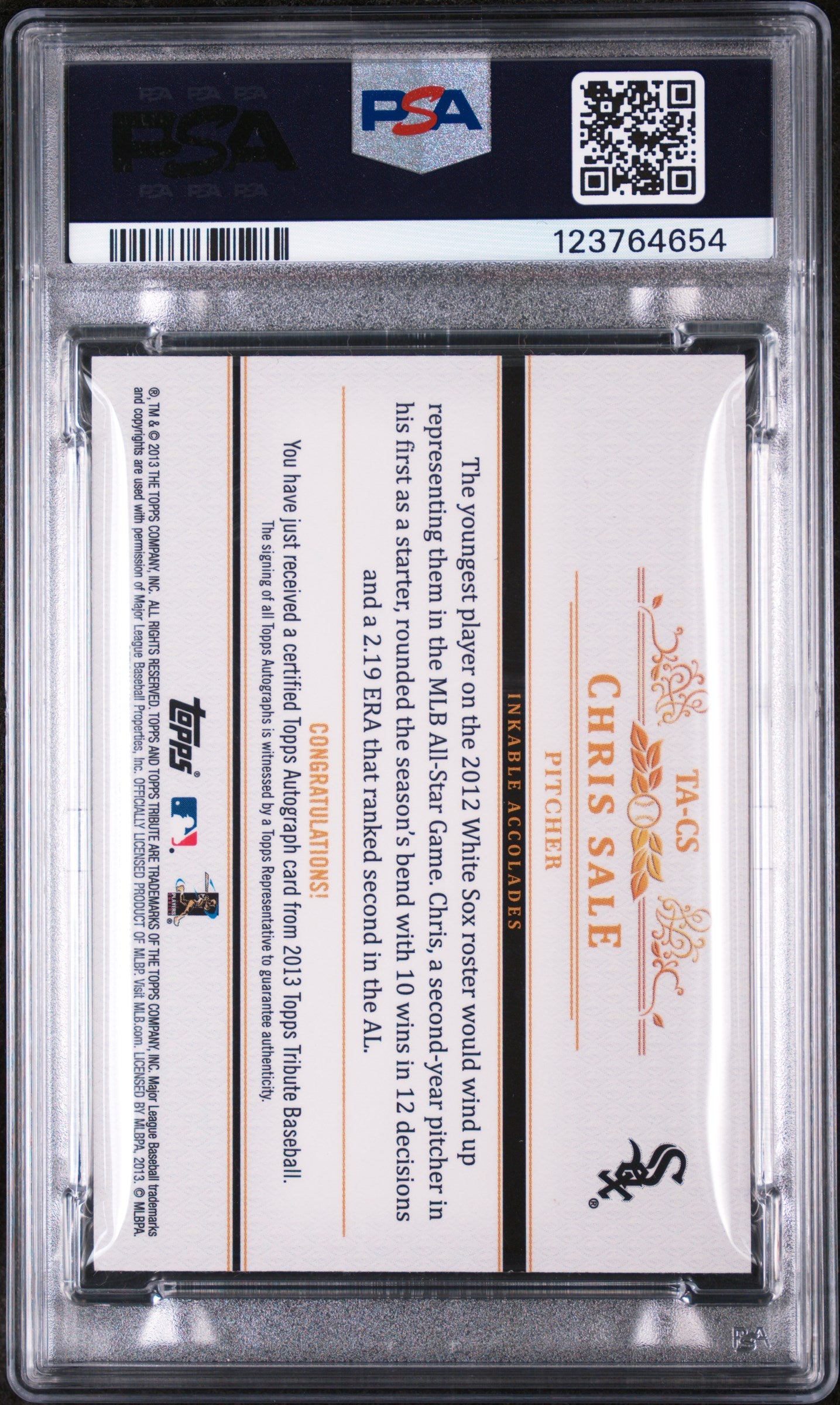 2013 Topps Tribute Autographs Chris Sale #TA-CS /199 PSA 8
