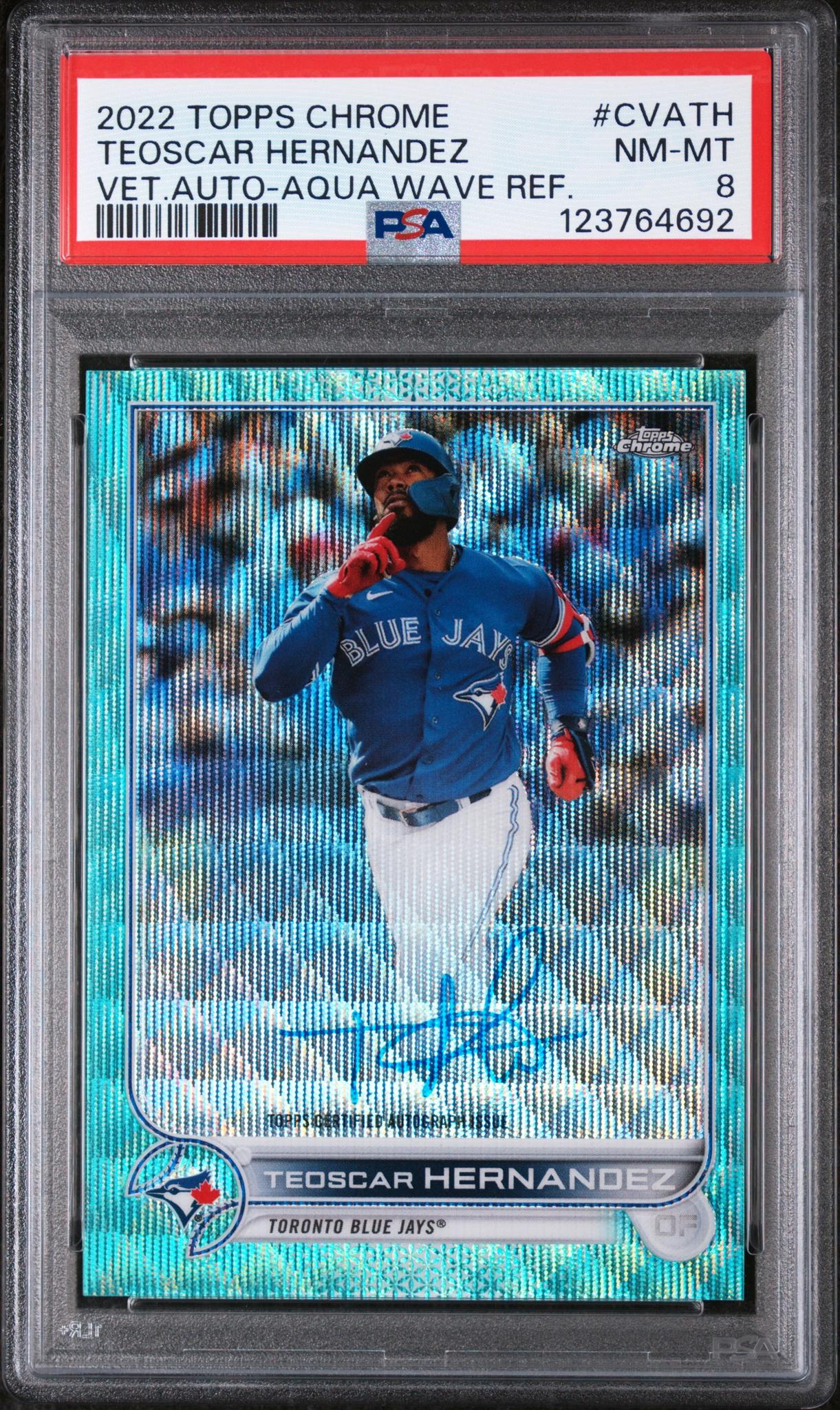 2022 Topps Chrome Veteran Autographs Vet.Auto-Aqua Wave Ref. Teoscar Hernandez #CVATH /199 PSA 8