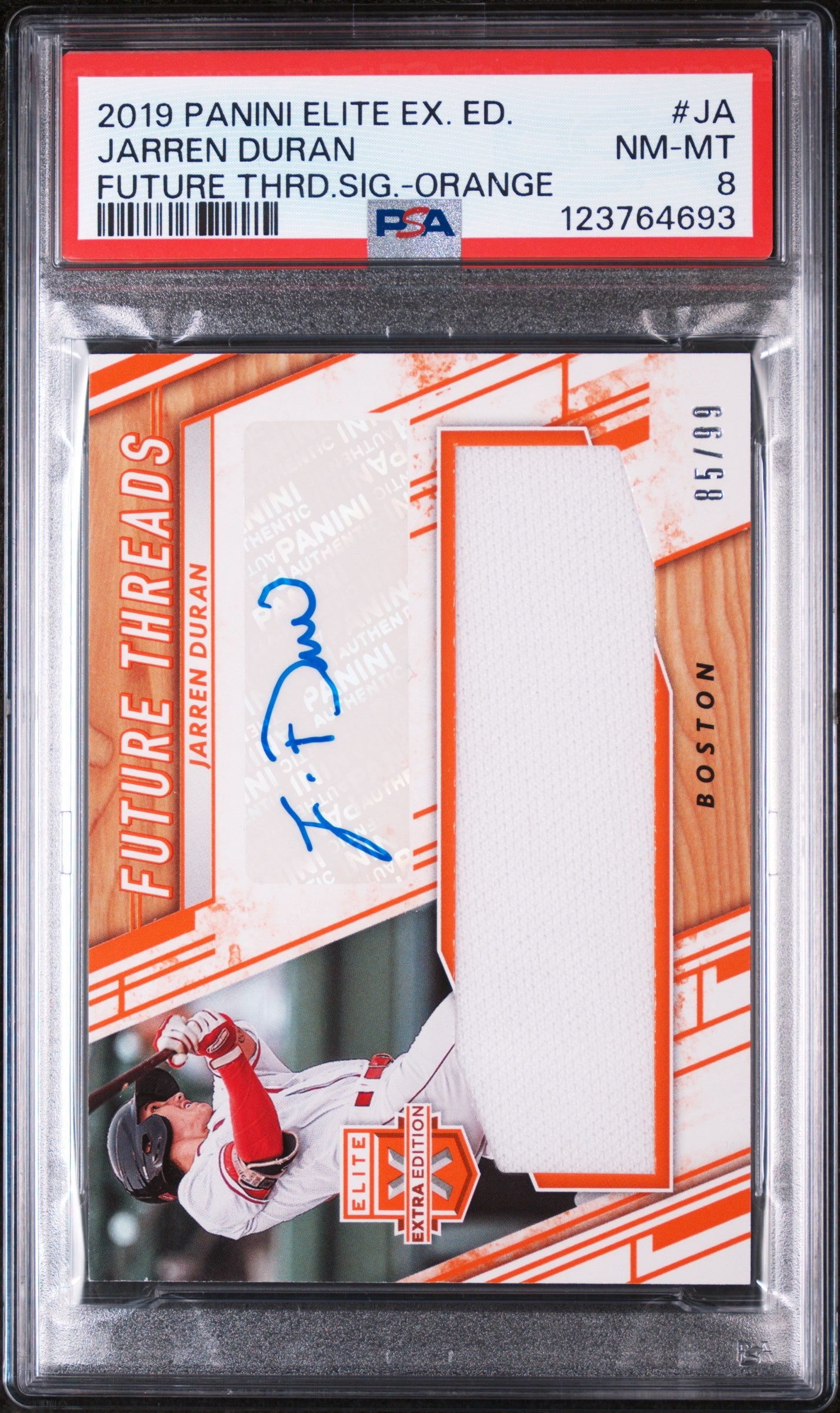 2019 Panini Elite Extra Edition Future Threads Signatures Orange Jarren Duran #JA /99 PSA 8
