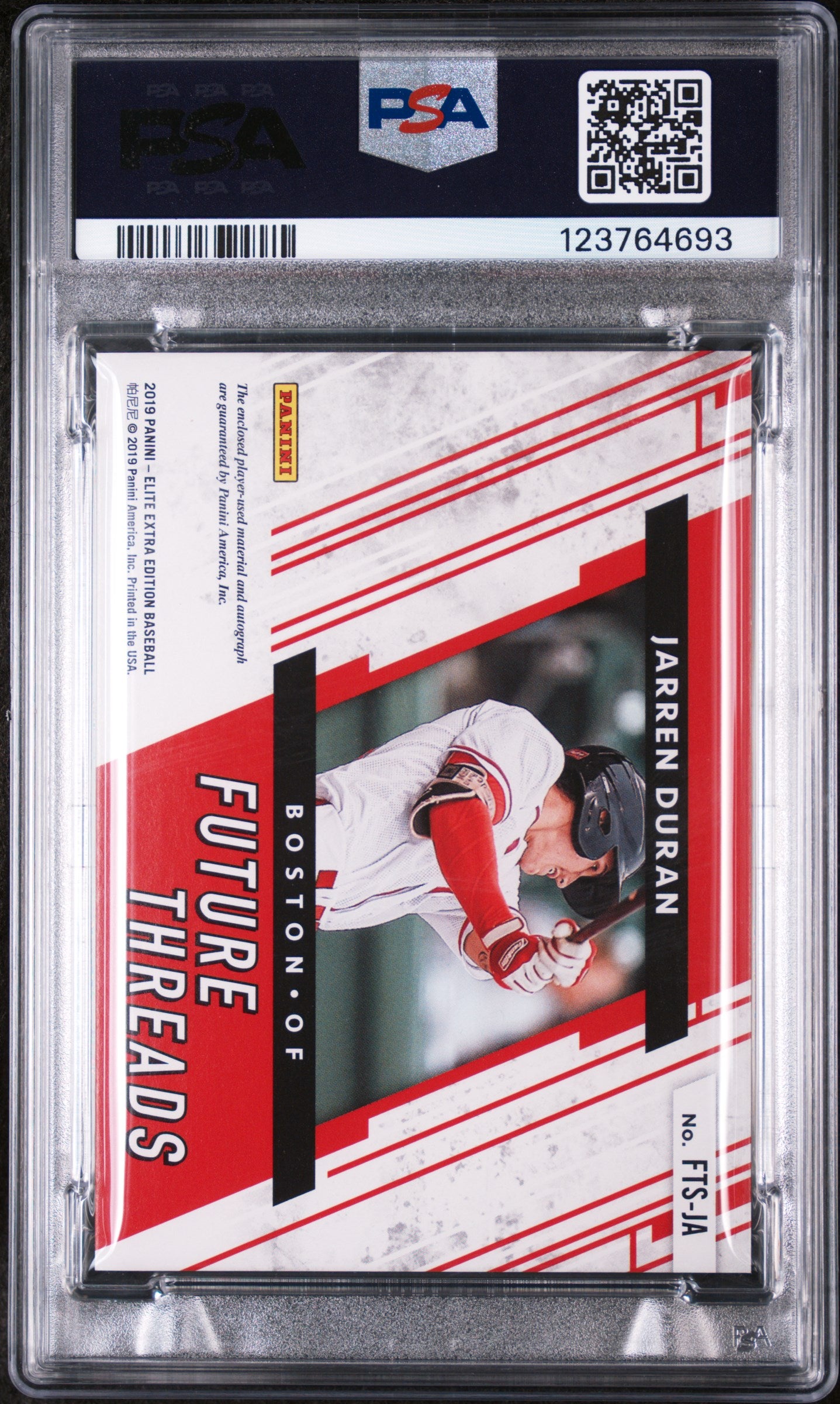 2019 Panini Elite Extra Edition Future Threads Signatures Orange Jarren Duran #JA /99 PSA 8