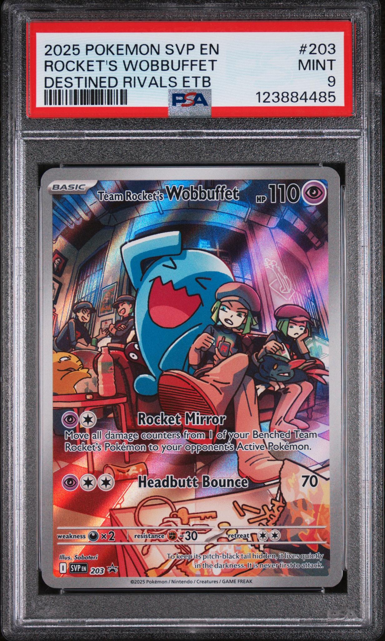 2025 Pokemon Scarlet and Violet Black Star Promo Destined Rivals Elite Trainer Box Team Rocket's Wobbuffet #203 PSA 9