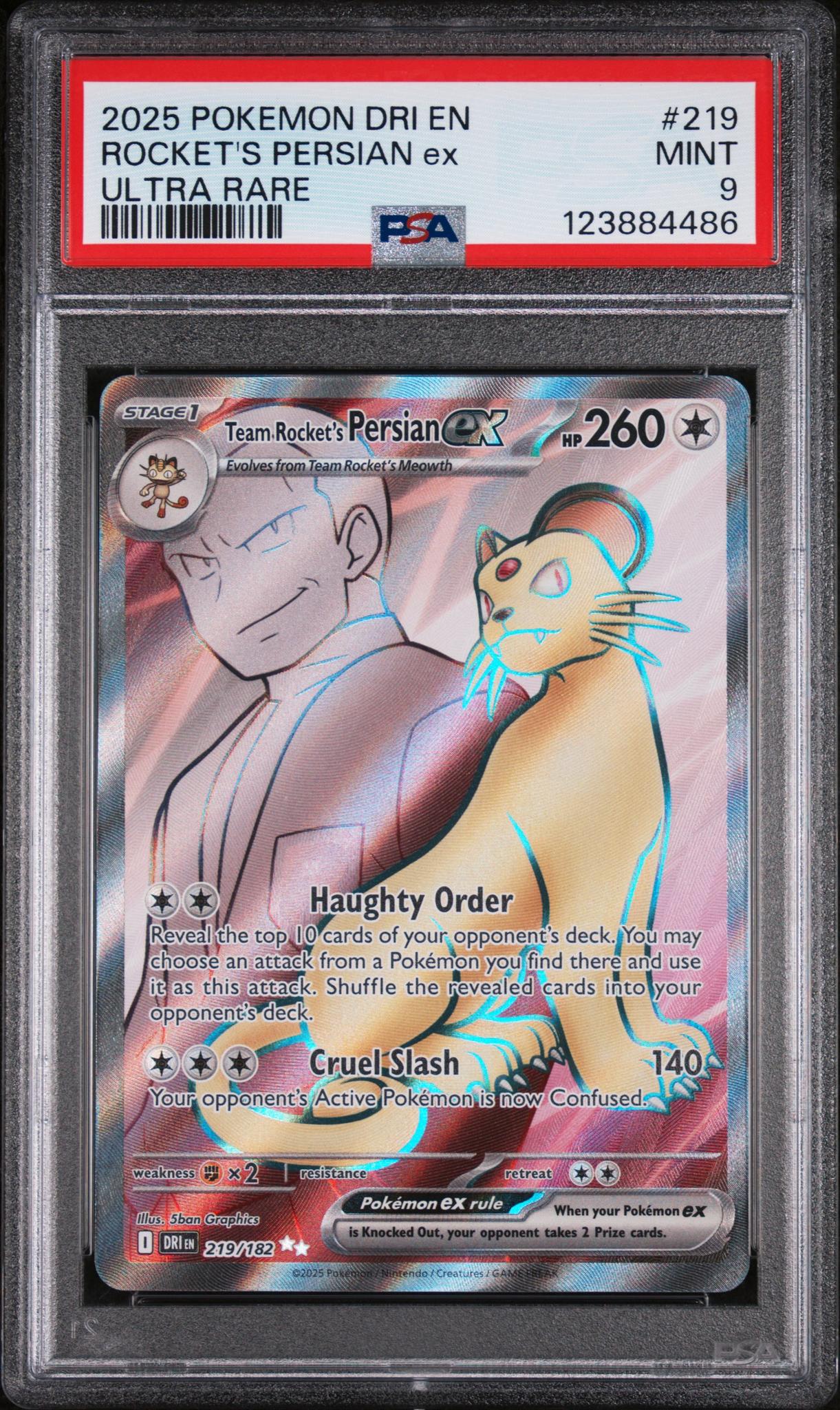 2025 Pokemon Destined Rivals Ultra Rare Team Rocket's Persian Ex #219 PSA 9