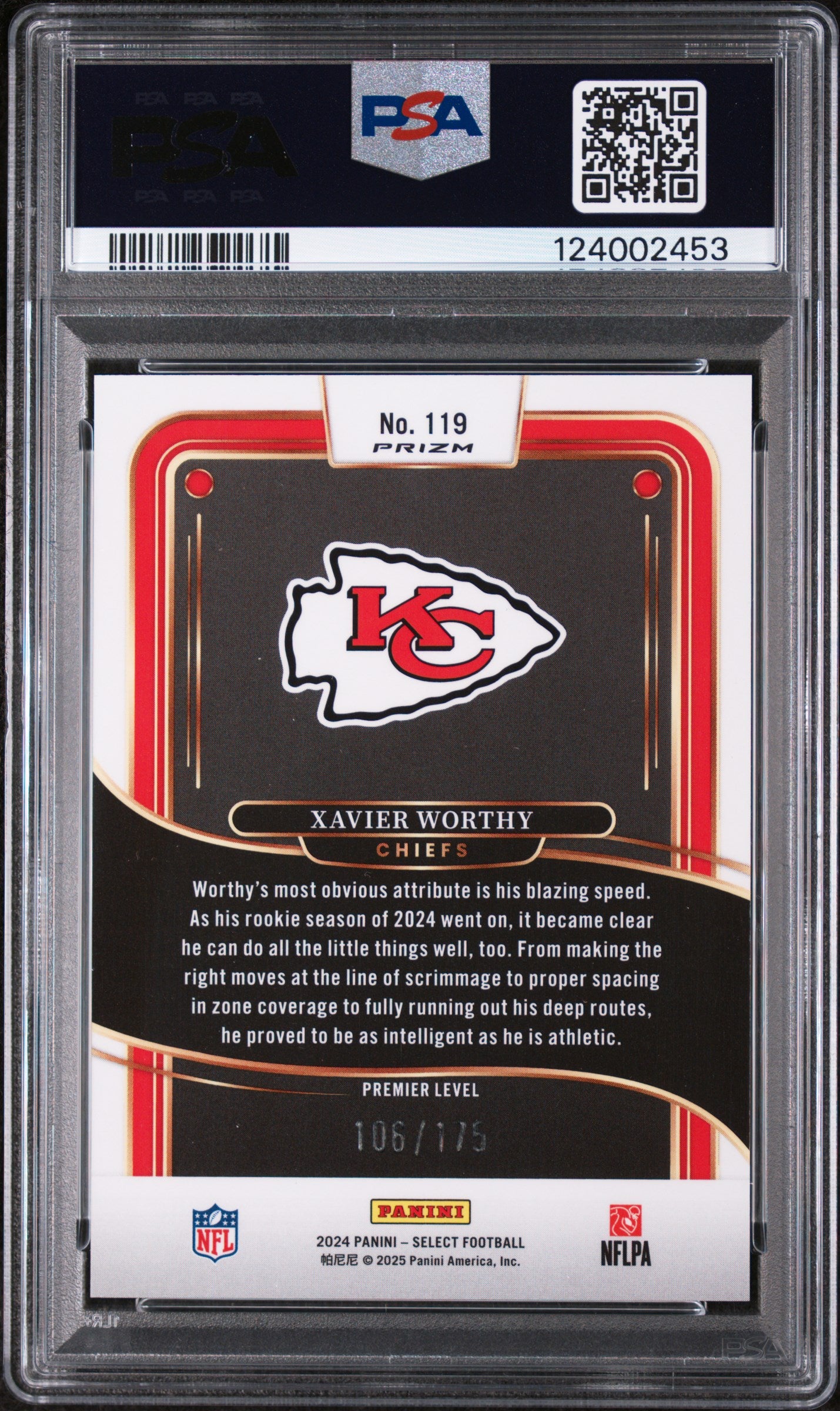 2024 Panini Select Prizm Blue Xavier Worthy #119 /175 PSA 10