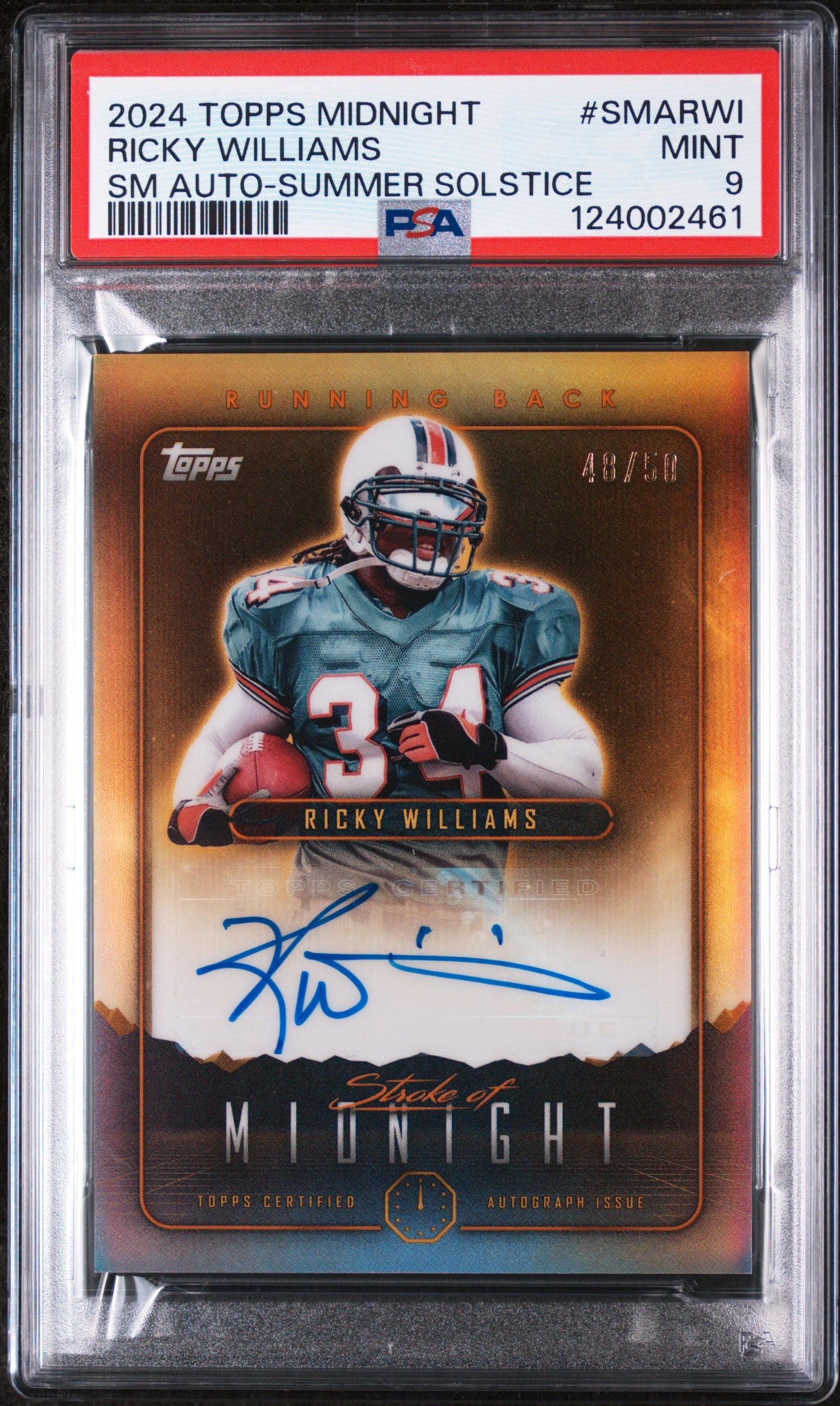 2024 Topps Midnight Stroke of Midnight Autographs Summer Solstice Ricky Williams #SMARWI /50 PSA 9