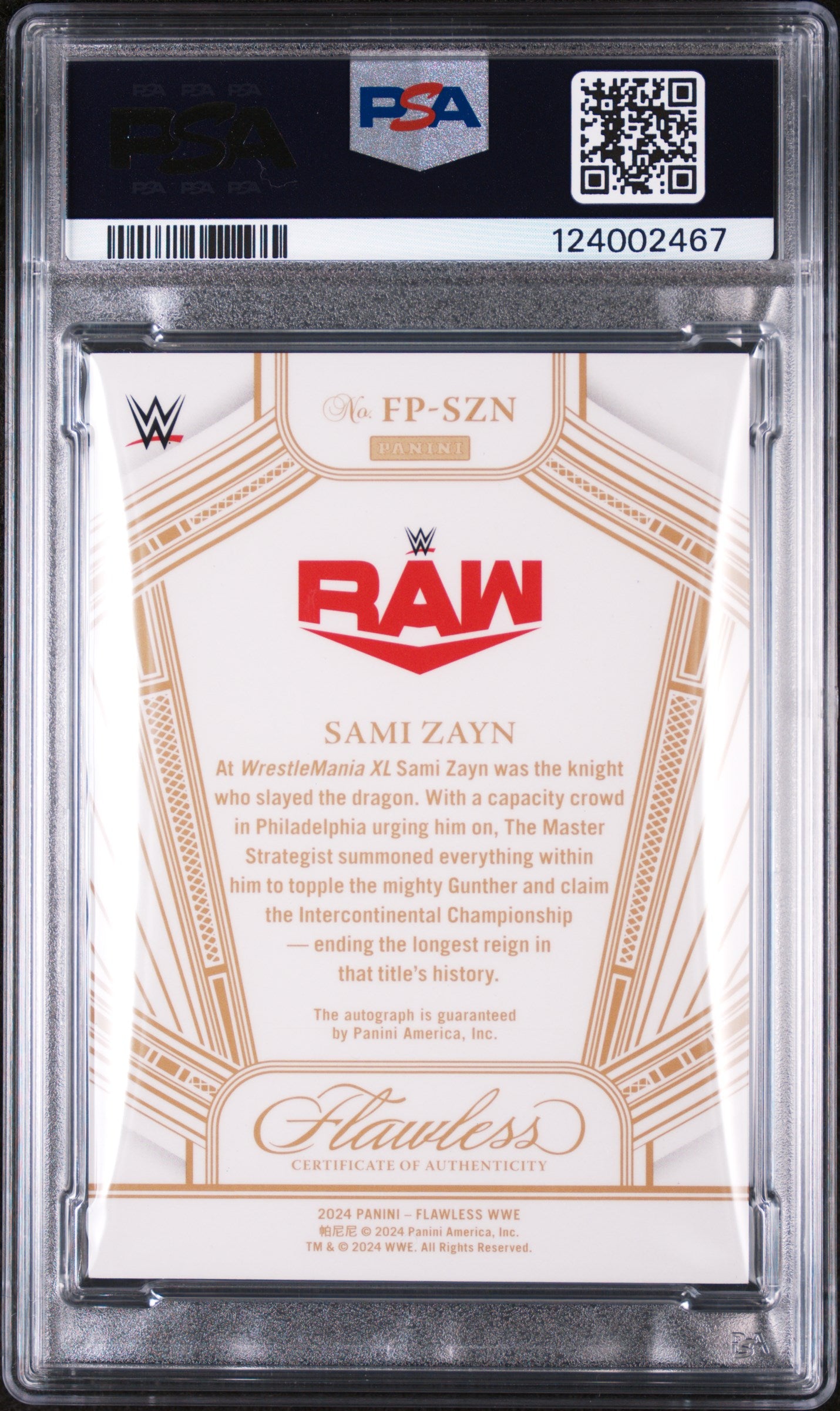 2024 Panini Flawless WWE Flawless Performances Autographs Sapphire Sami Zayn #FPSZN PSA 7
