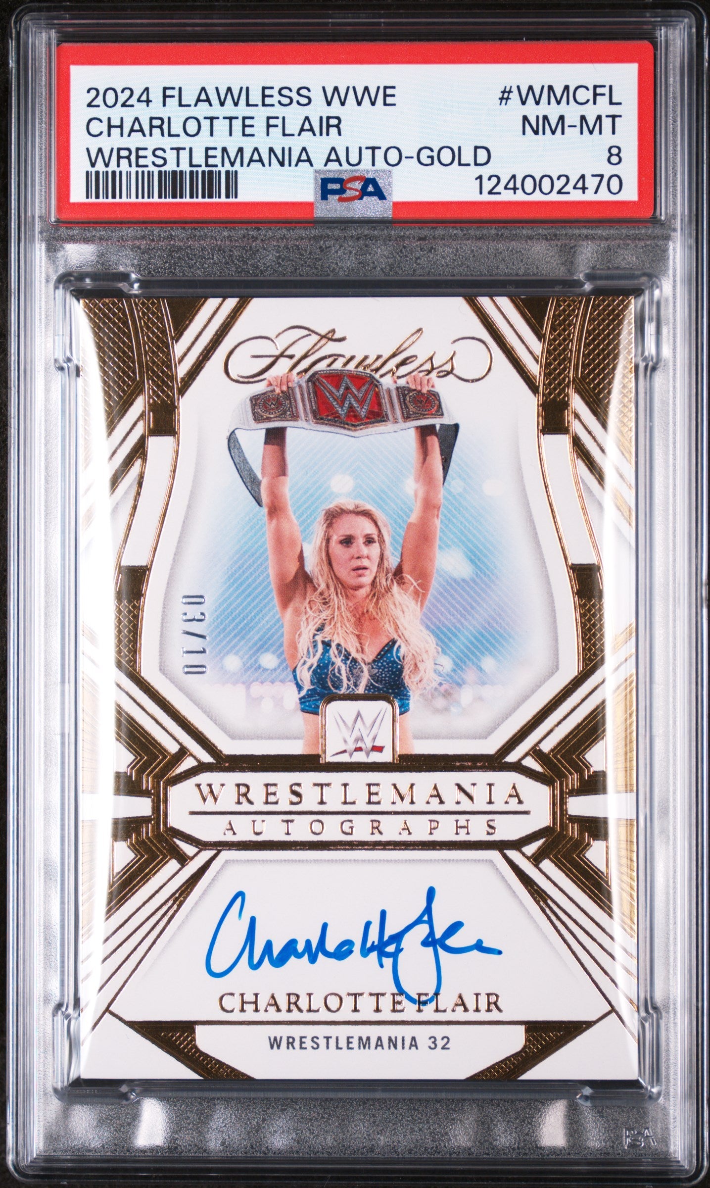 2024 Panini Flawless WWE Wrestlemania Autographs Gold Charlotte Flair #WMCFL /10 PSA 8