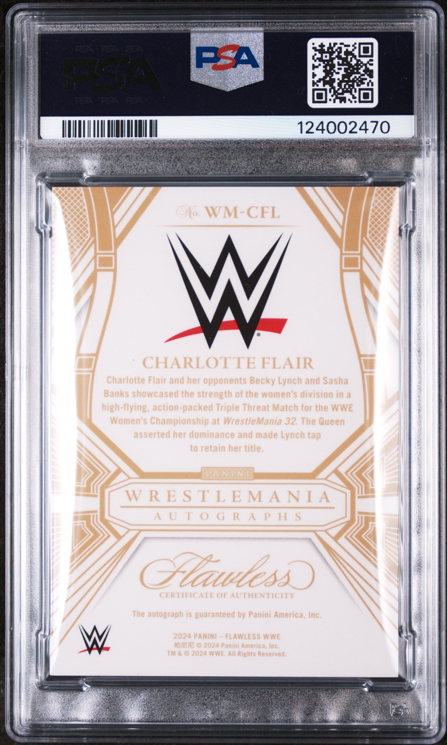 2024 Panini Flawless WWE Wrestlemania Autographs Gold Charlotte Flair #WMCFL /10 PSA 8
