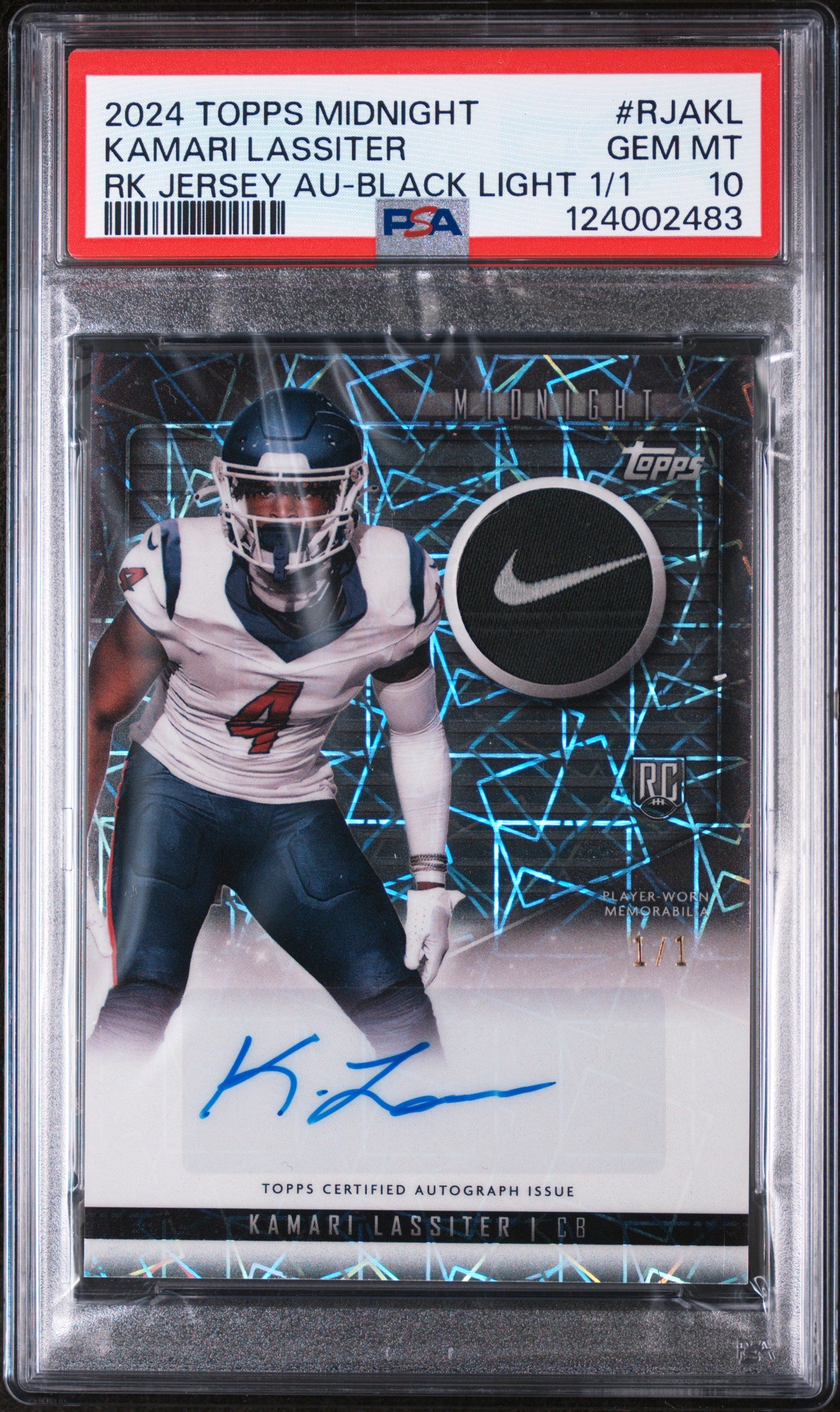 2024 Topps Midnight Rookie Jersey Autographs Black Light 1/1 Kamari Lassiter #RJAKL PSA 10