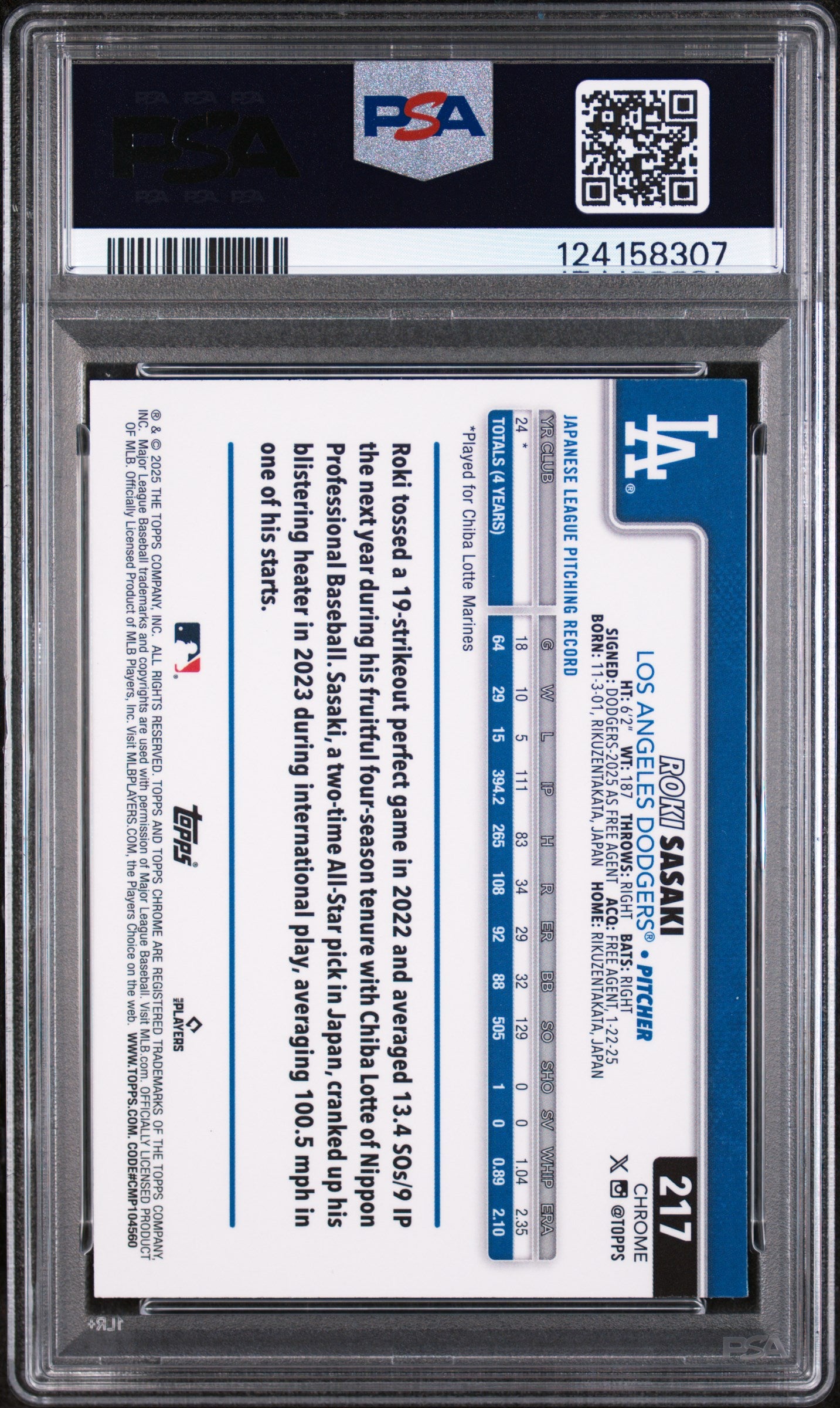 2025 Topps Chrome Variation Roki Sasaki #217 PSA 6