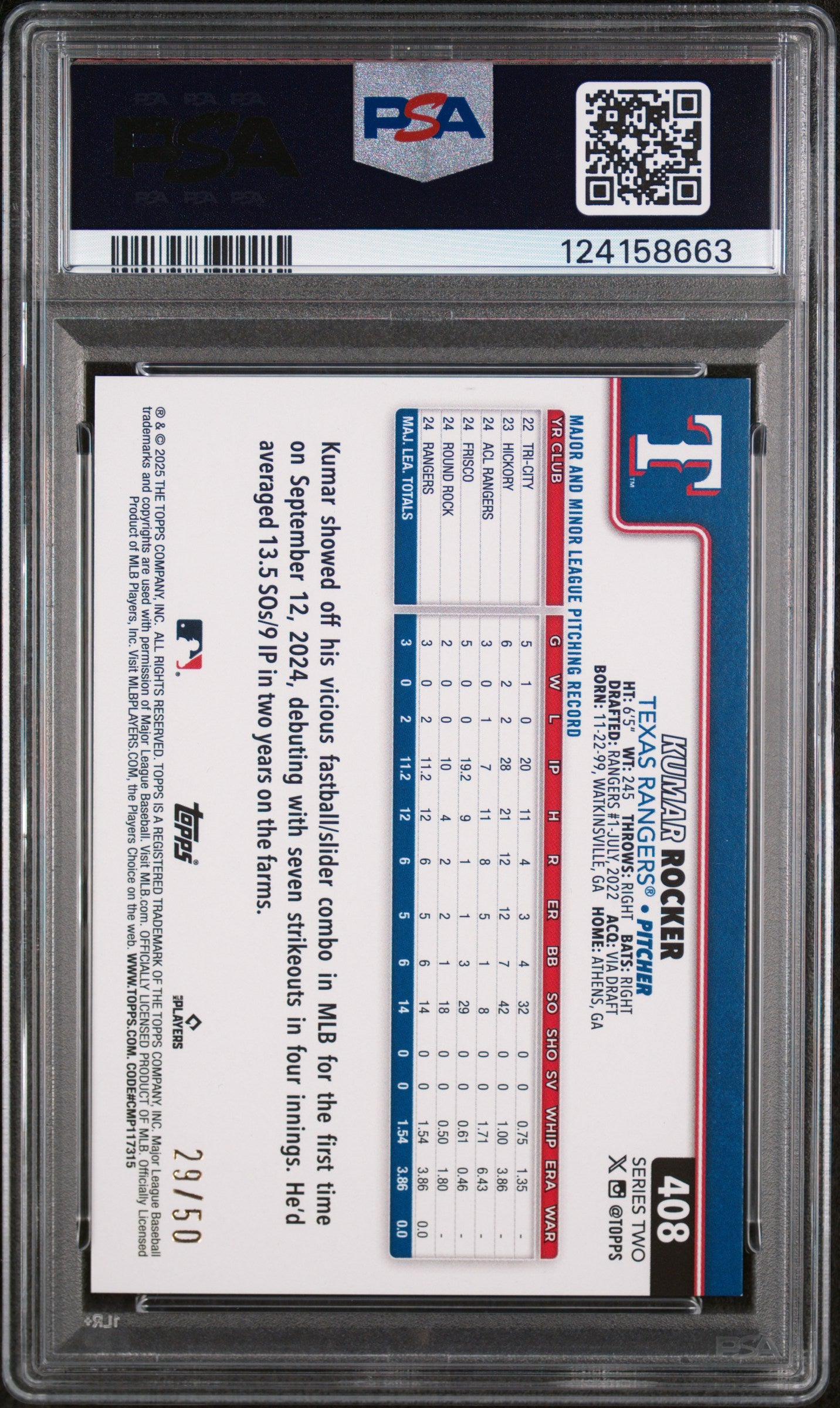 2025 Topps Gold Holo Foil Kumar Rocker #408 /50 PSA 9