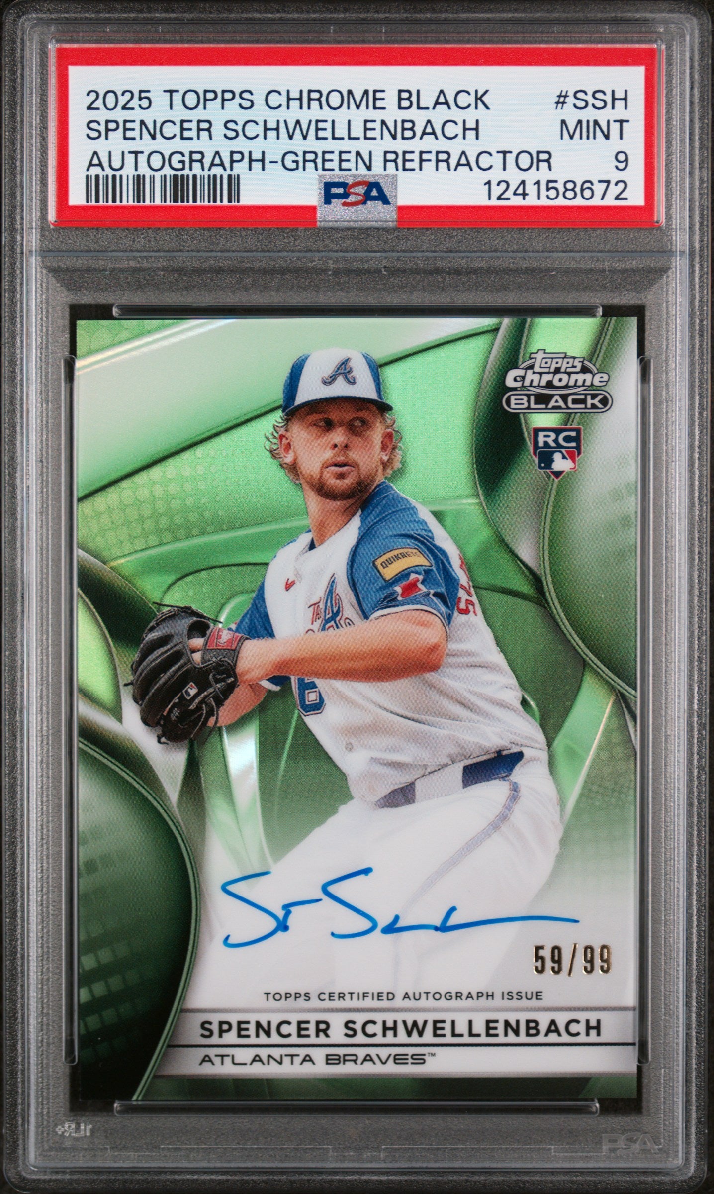 2025 Topps Chrome Black Autographs Green Refractor Spencer Schwellenbach #SSH /99 PSA 9