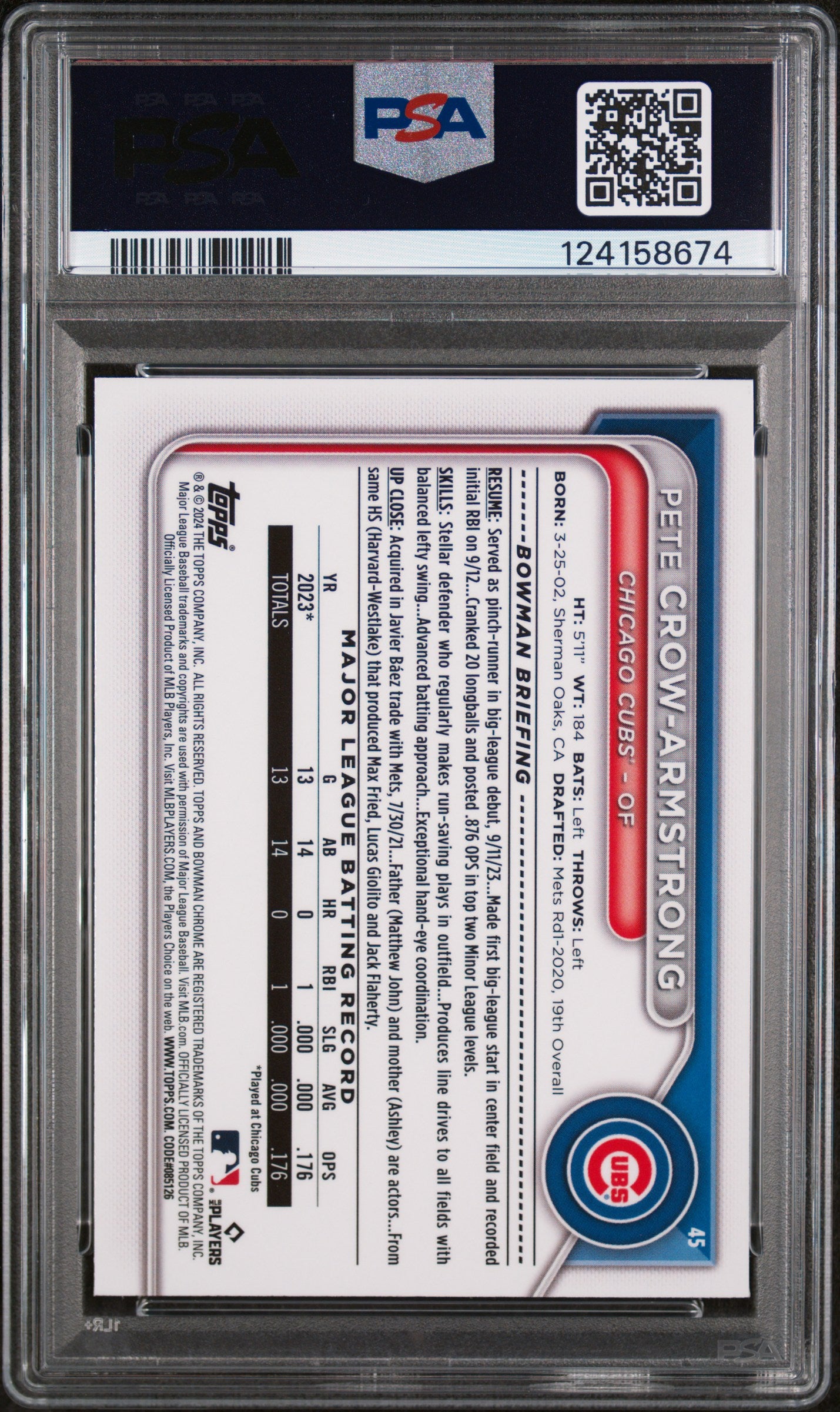 2024 Bowman Chrome Etched In Glass Variation Pete Crow-Armstrong #45 PSA 9