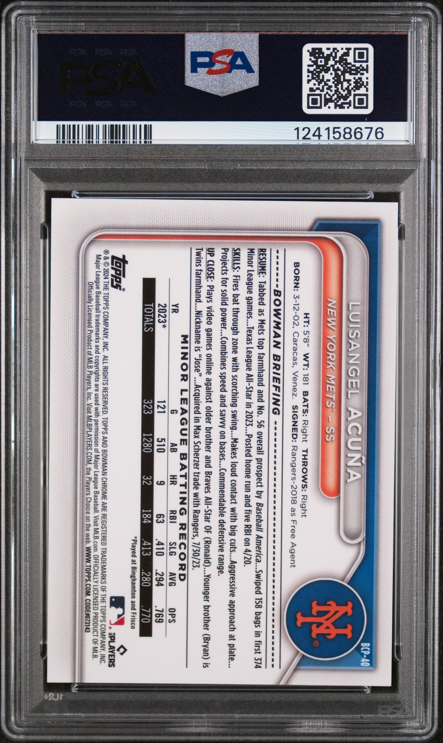 2024 Bowman Chrome Prospects Rose Gold Refractor Luisangel Acuna #BCP40 /10 PSA 9