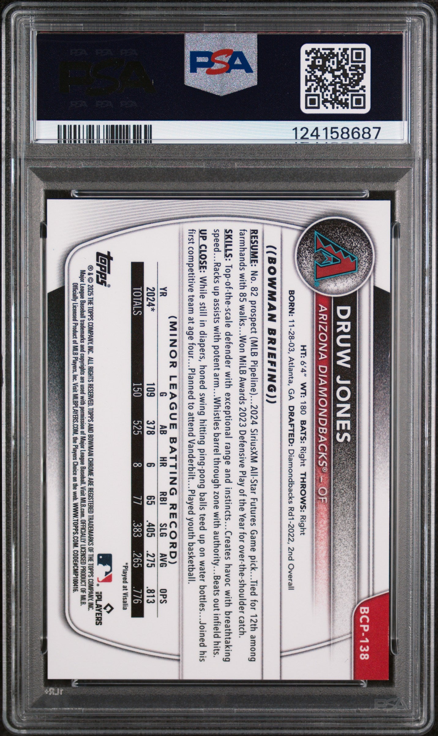 2025 Bowman Sapphire Edition Chrome Prospects Red Druw Jones #BCP138 /5 PSA 8