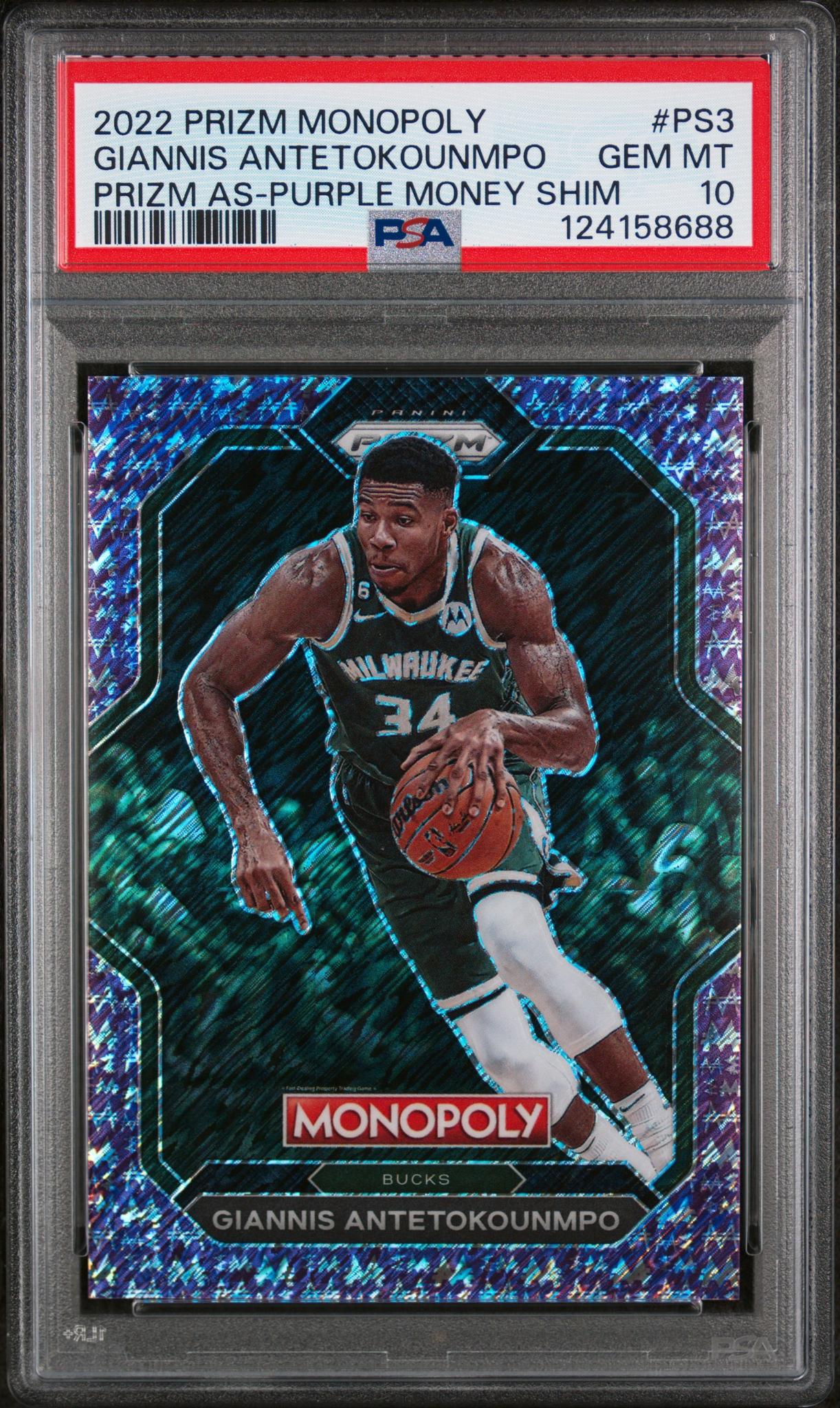 2022 Panini Prizm Monopoly Prizm All-Stars Purple Money Shimmer Giannis Antetokounmpo #PS3 /50 /15 PSA 10