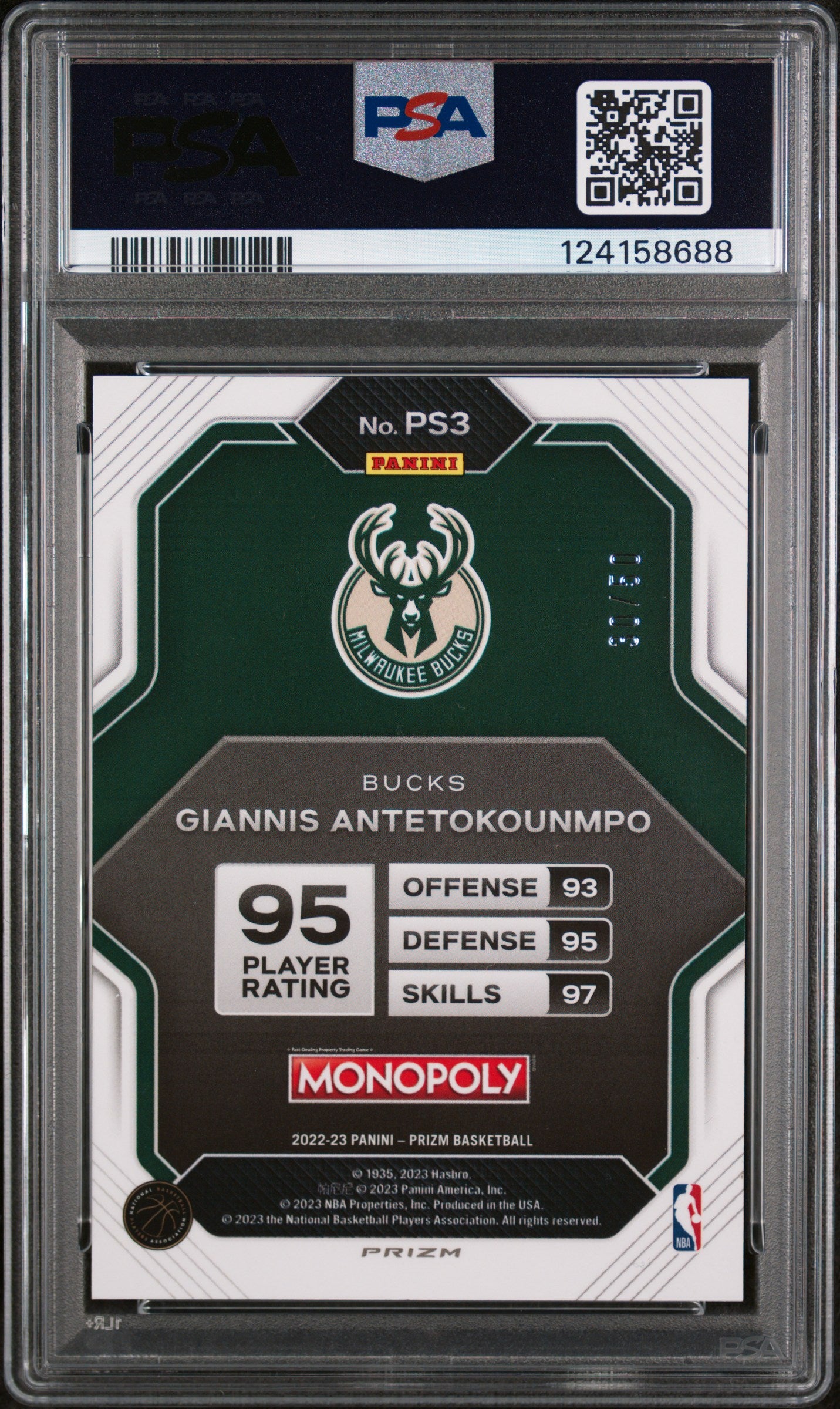 2022 Panini Prizm Monopoly Prizm All-Stars Purple Money Shimmer Giannis Antetokounmpo #PS3 /50 /15 PSA 10