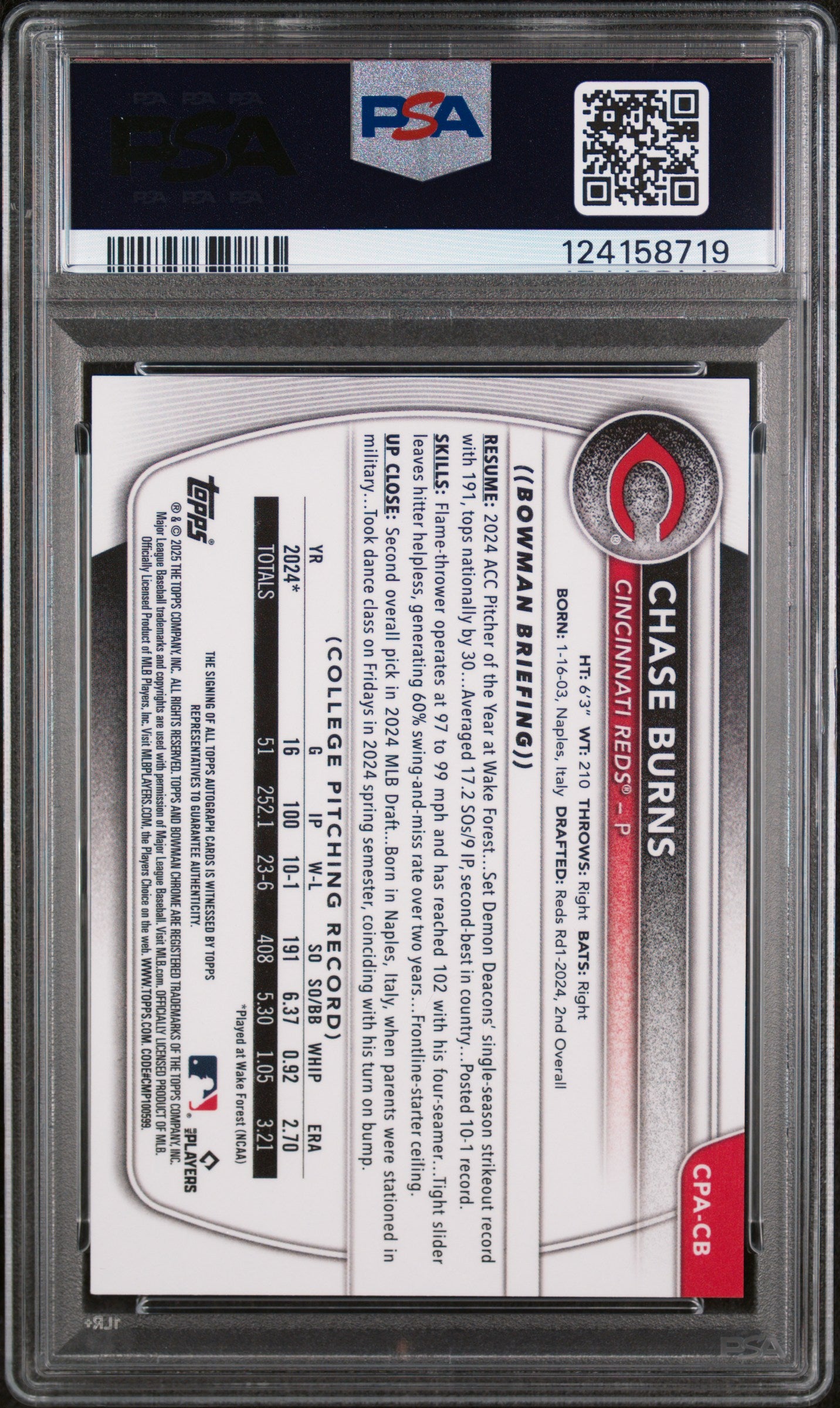 2025 Bowman Chrome Prospect Autograph Hta Choice Refractor Chase Burns #CPACB /150 PSA 9